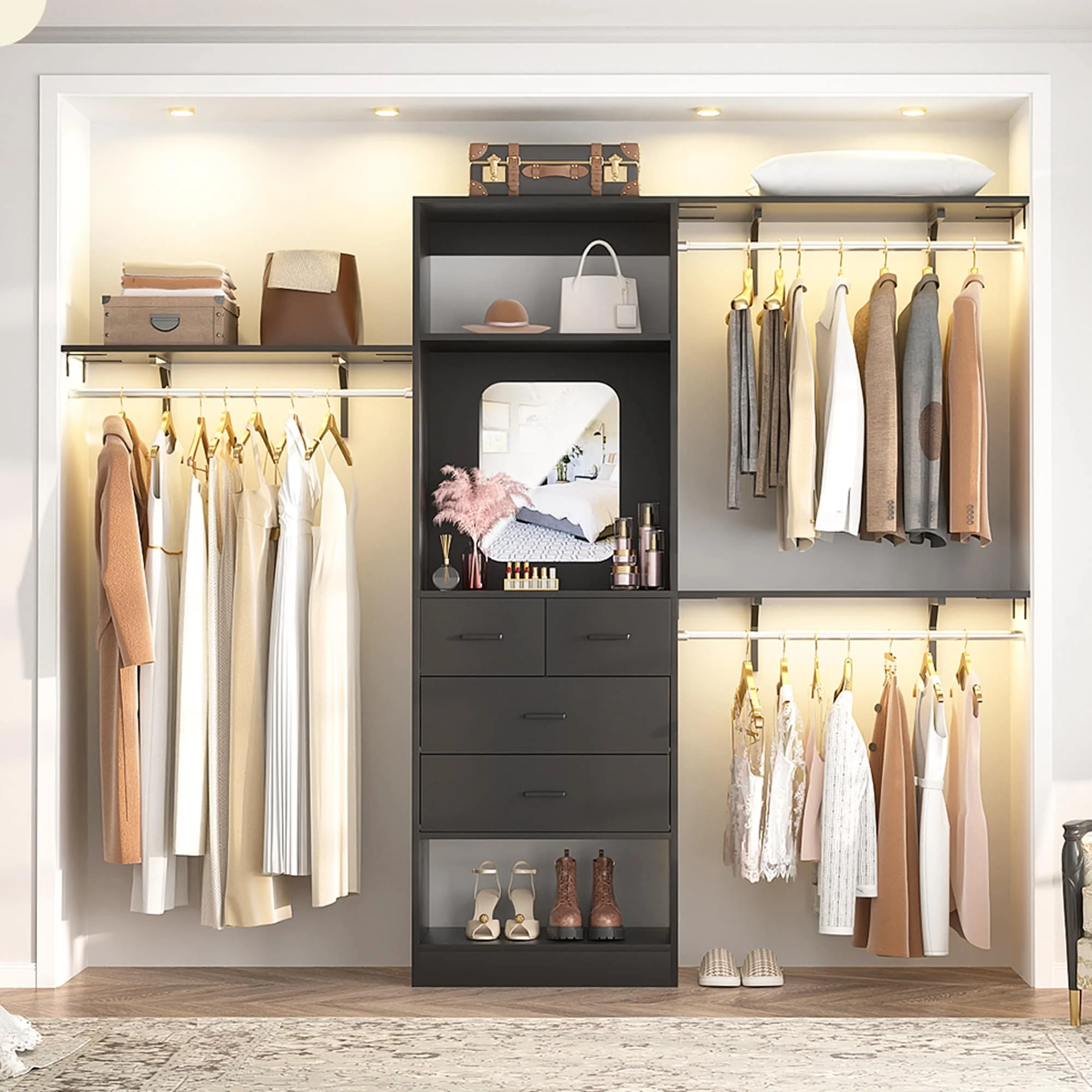 96'' W Closet System with Mirror, 8FT Walk-in Closet Organizer Kits with 4 Wooden Drawers ＆ 3 Extendable Hanging Rods