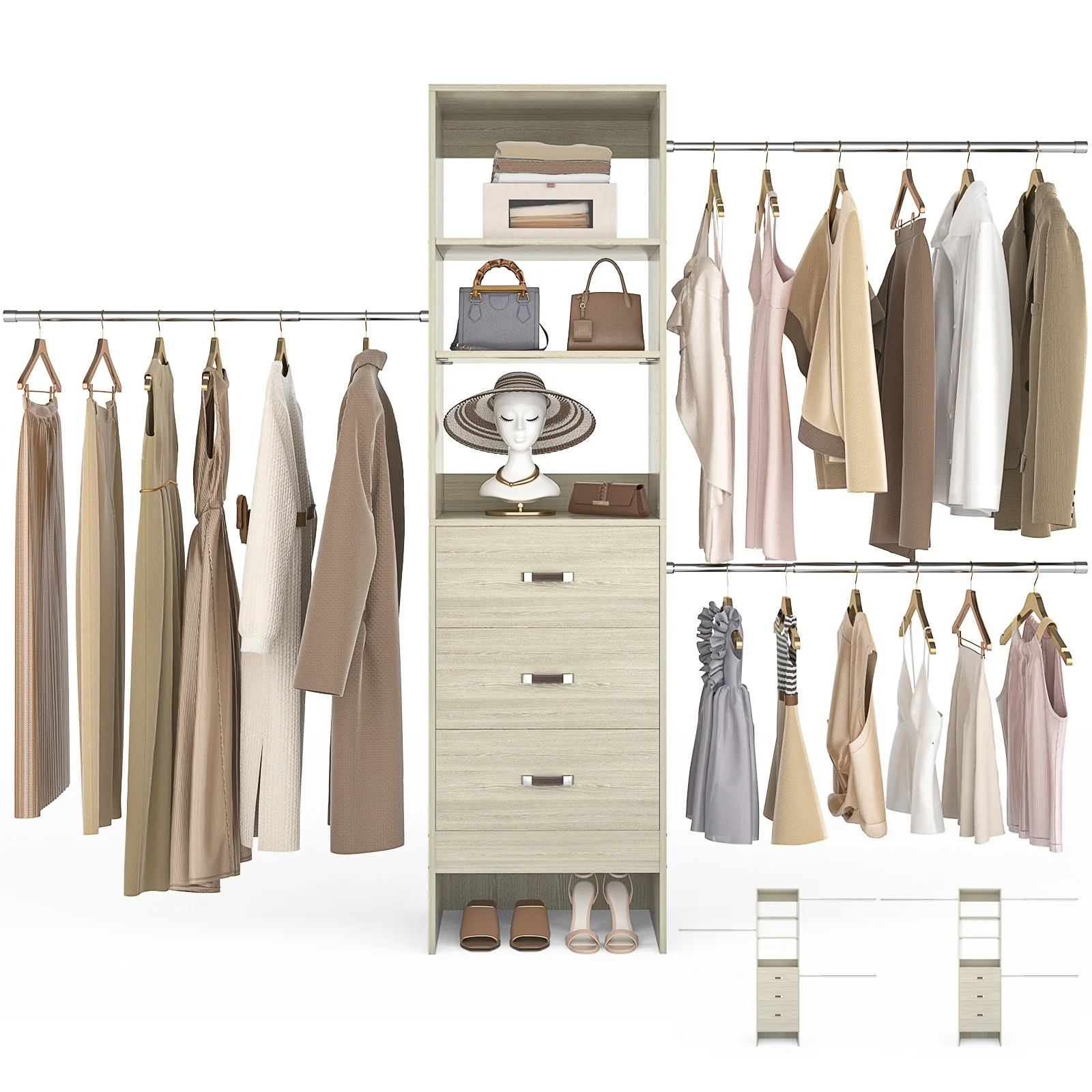 20.5-96'' W Closet Organizer System with Extendable Hanging Rods and Drawers and Tower Shelves