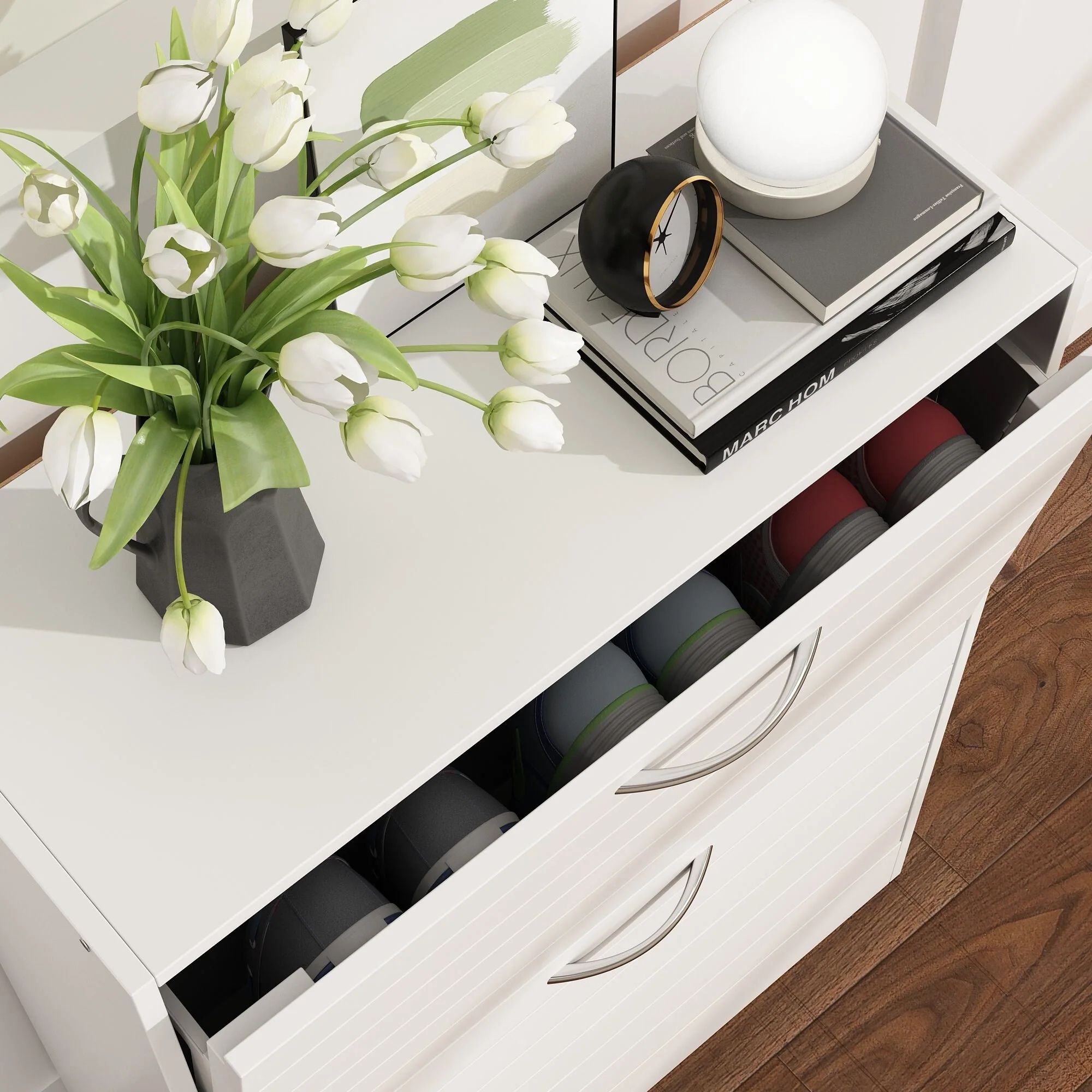 Shoe Storage Cabinet Two Drawer Space Saving Grey/Oak/White Dresser