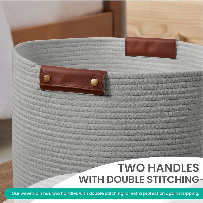 Large Cotton Rope Storage Basket Laundry Hamper Woven Basket with Leather Handles -16 x 18 - 16