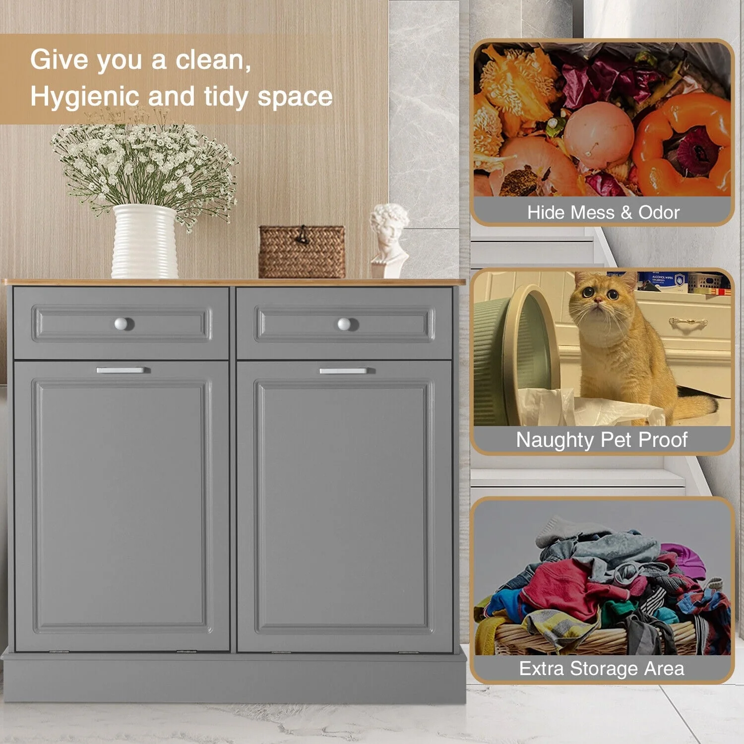 Eclife Double Tilt Out Trash Cabinet Dual Wooden Kitchen Island Recycling Cabinet Trash Can