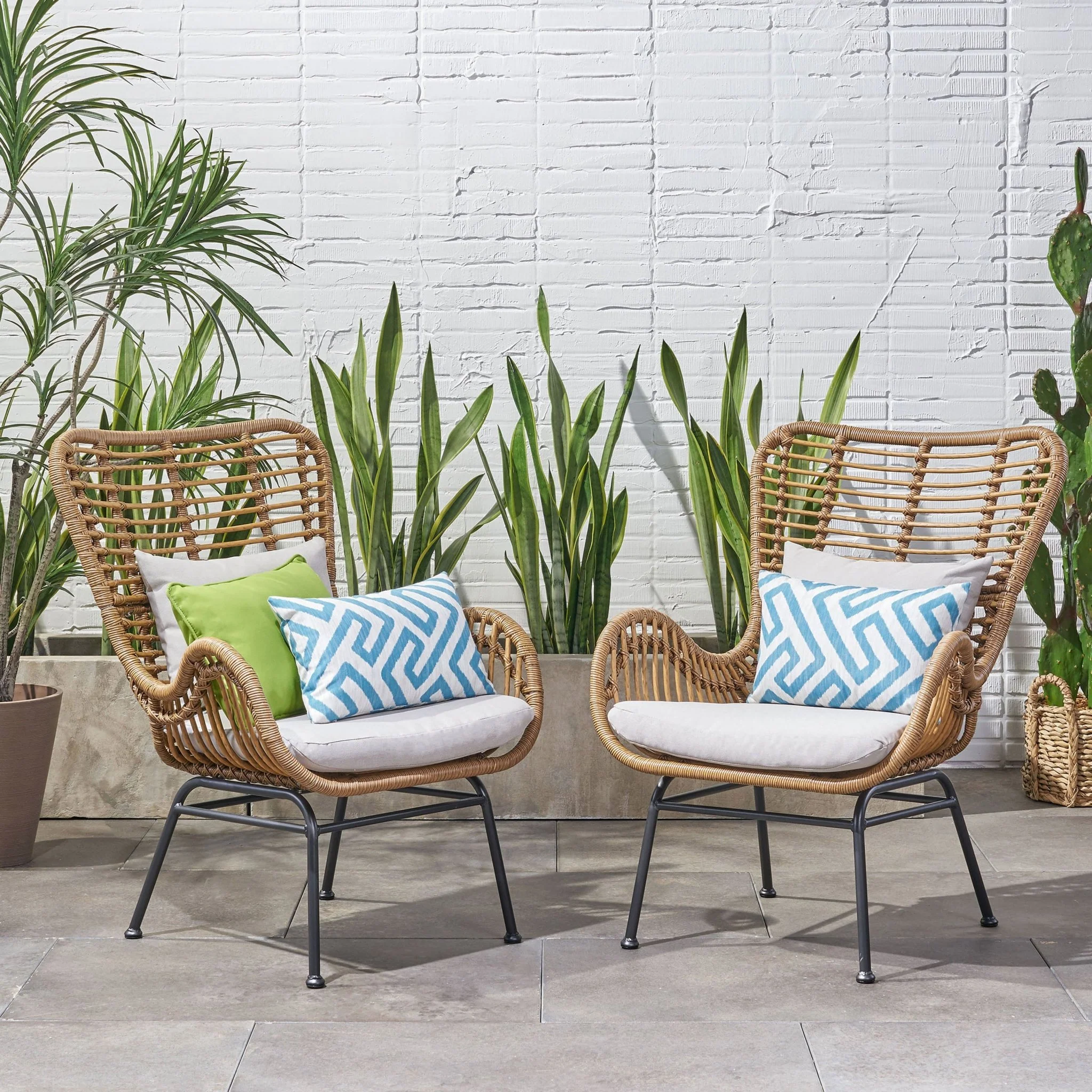 Outdoor Rattan Accent Chair with Metal Legs, Set of 2