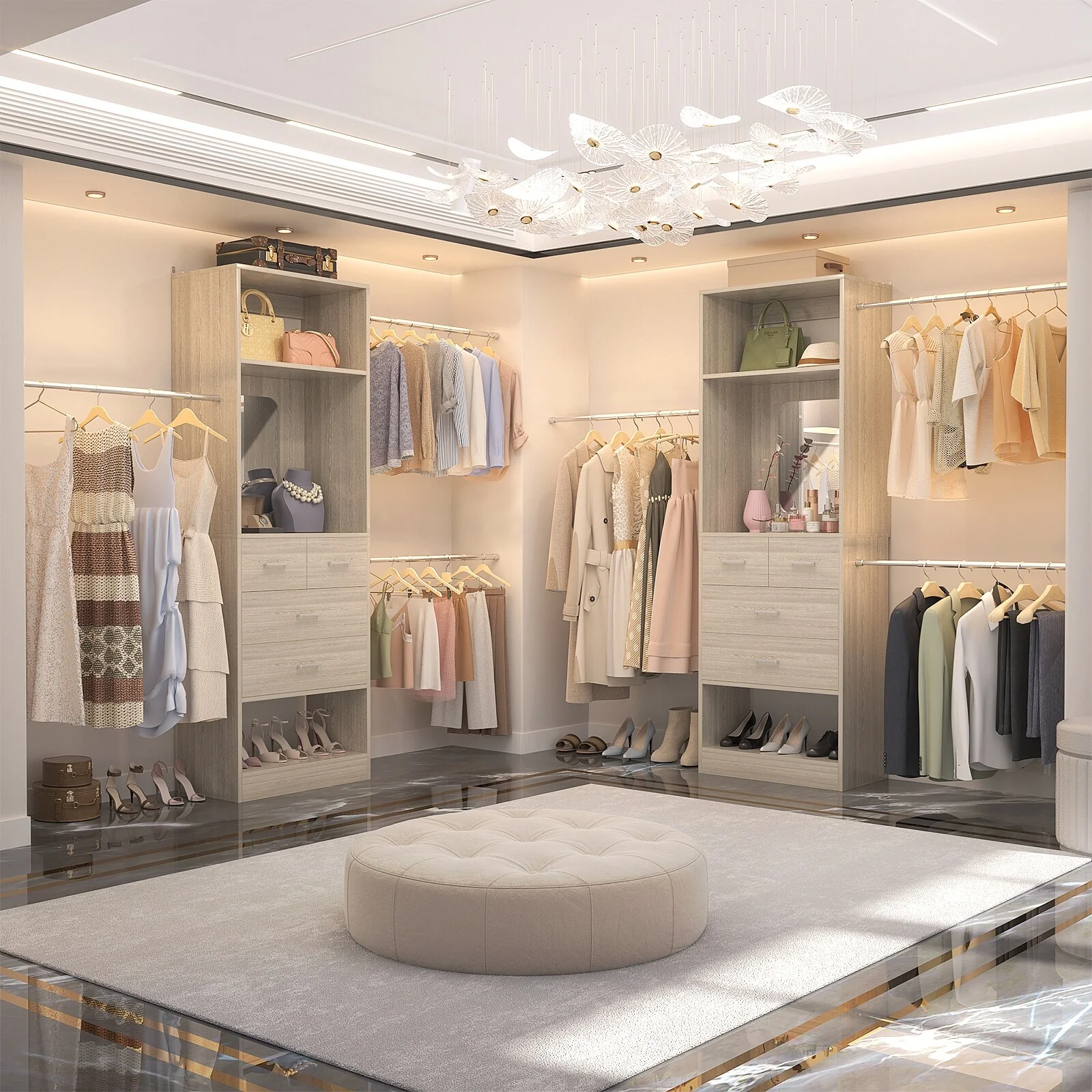 96'' W Closet System with Mirror, 8FT Walk-in Closet Organizer Kits with 4 Wooden Drawers ＆ 3 Extendable Hanging Rods