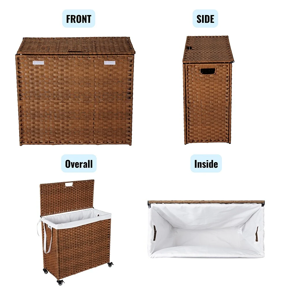 Laundry Hamper with Wheels, 160L Rattan Hampers & 2 Removable Liner Bags, Laundry Basket with Lid - 27