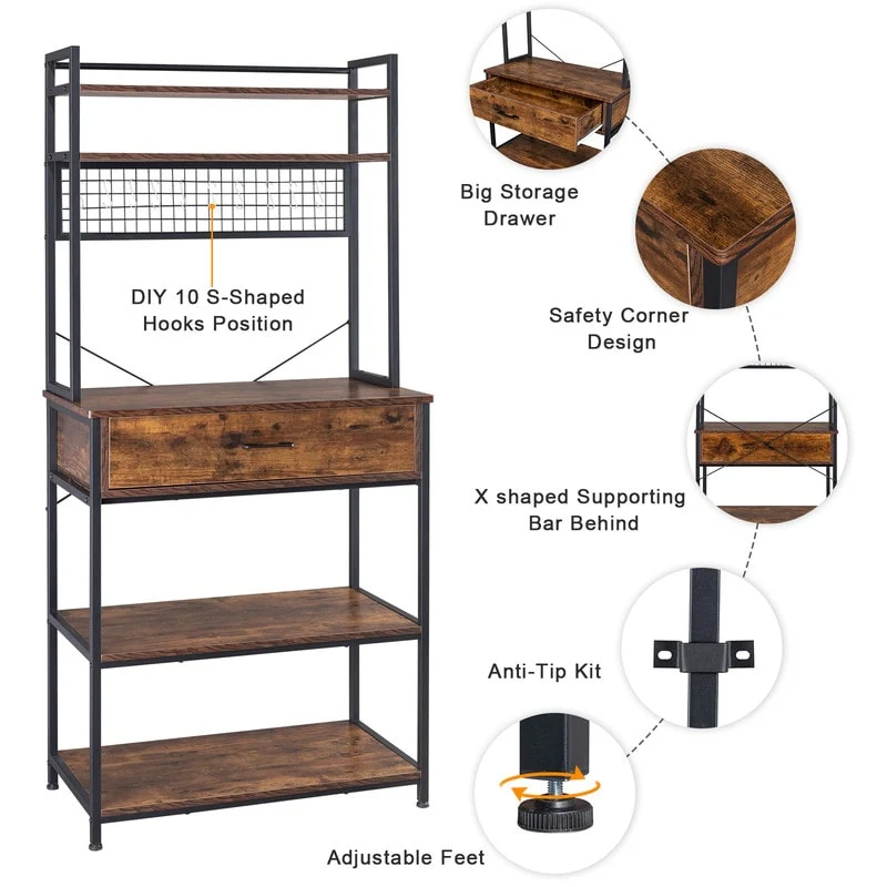 5-Tier Kitchen Bakers Rack with 10 S Hooks and 1 drawer Rustic Brown