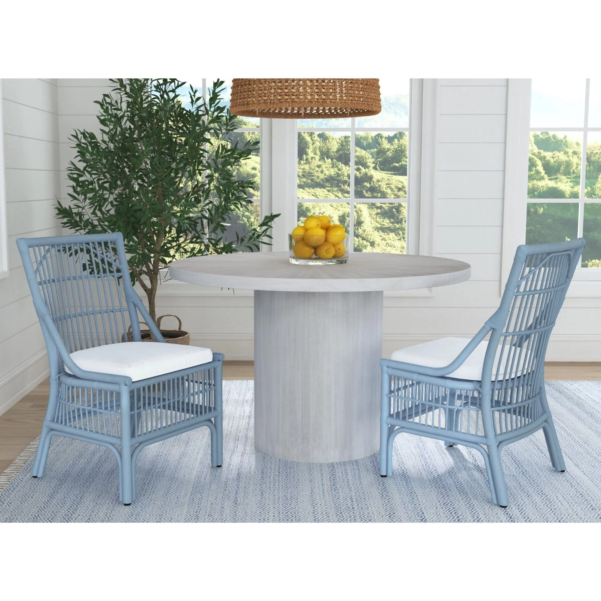 Rattan Slat Back Dining Chair Light Blue, Set of 2
