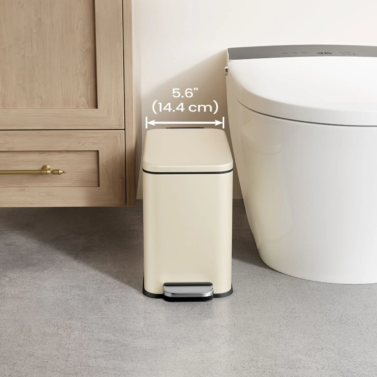 Stainless Steel Slim Bathroom Trash Can with Soft-Close Lid and Plastic Removable Inner Bucket