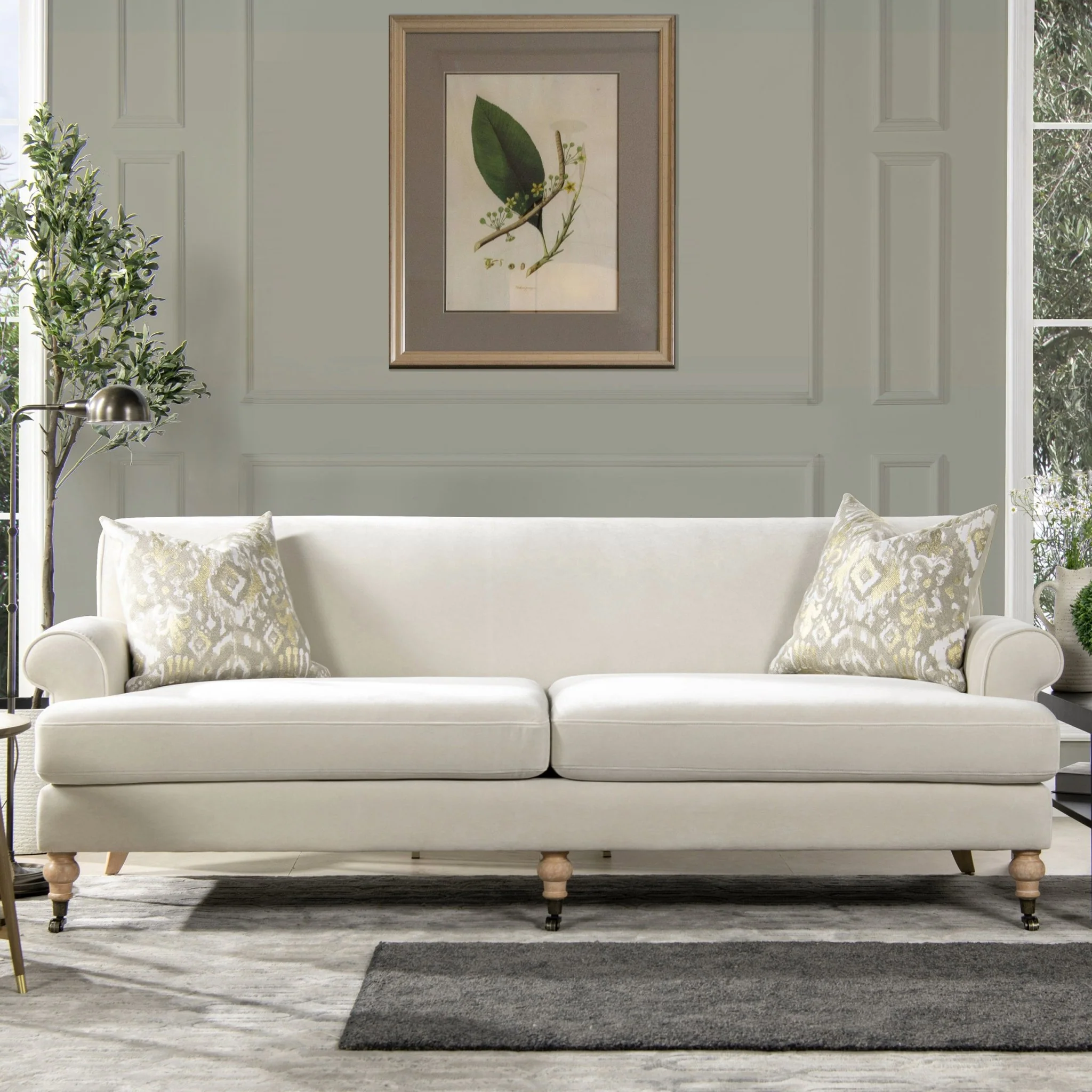 Creations Upholstered Sofa with Metal Casters and 2 Cushions Tightback