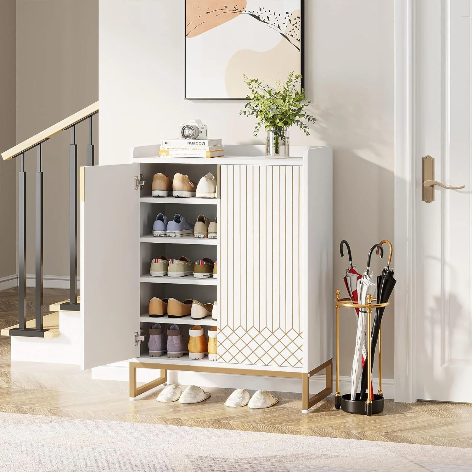 Sturdy 5-Tier Wood Shoe Cabinet with Doors for Entryway Hallway