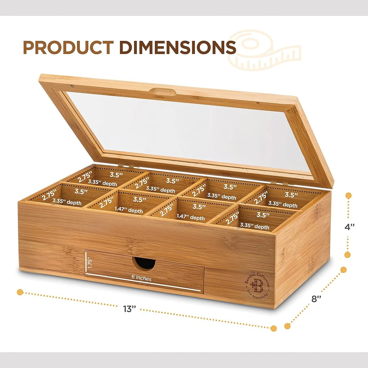 Tea Bag Organizer - Tea Organizer: Wooden Tea Box with 8 Compartments, Acrylic Window, and Magnetic Lid, Made of Bamboo