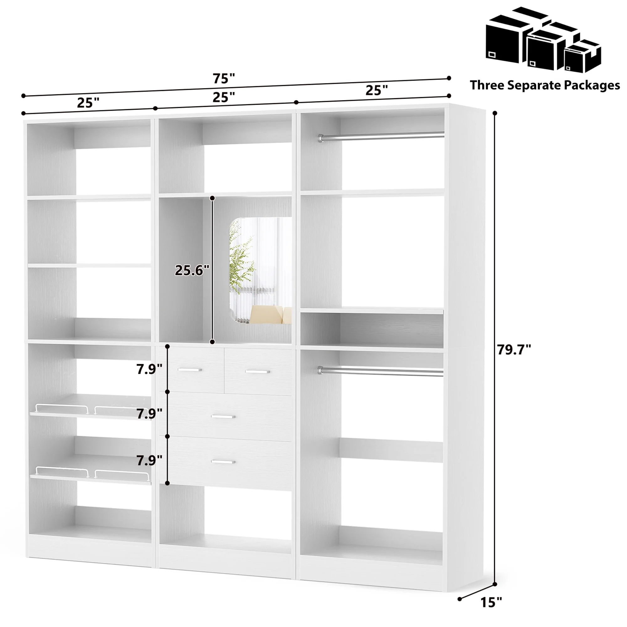 Cimly Set of 3 Freestanding Closet System with Drawers and Shoe Racks, 75'' Closet Organizer with Hanging Rods and Mirror