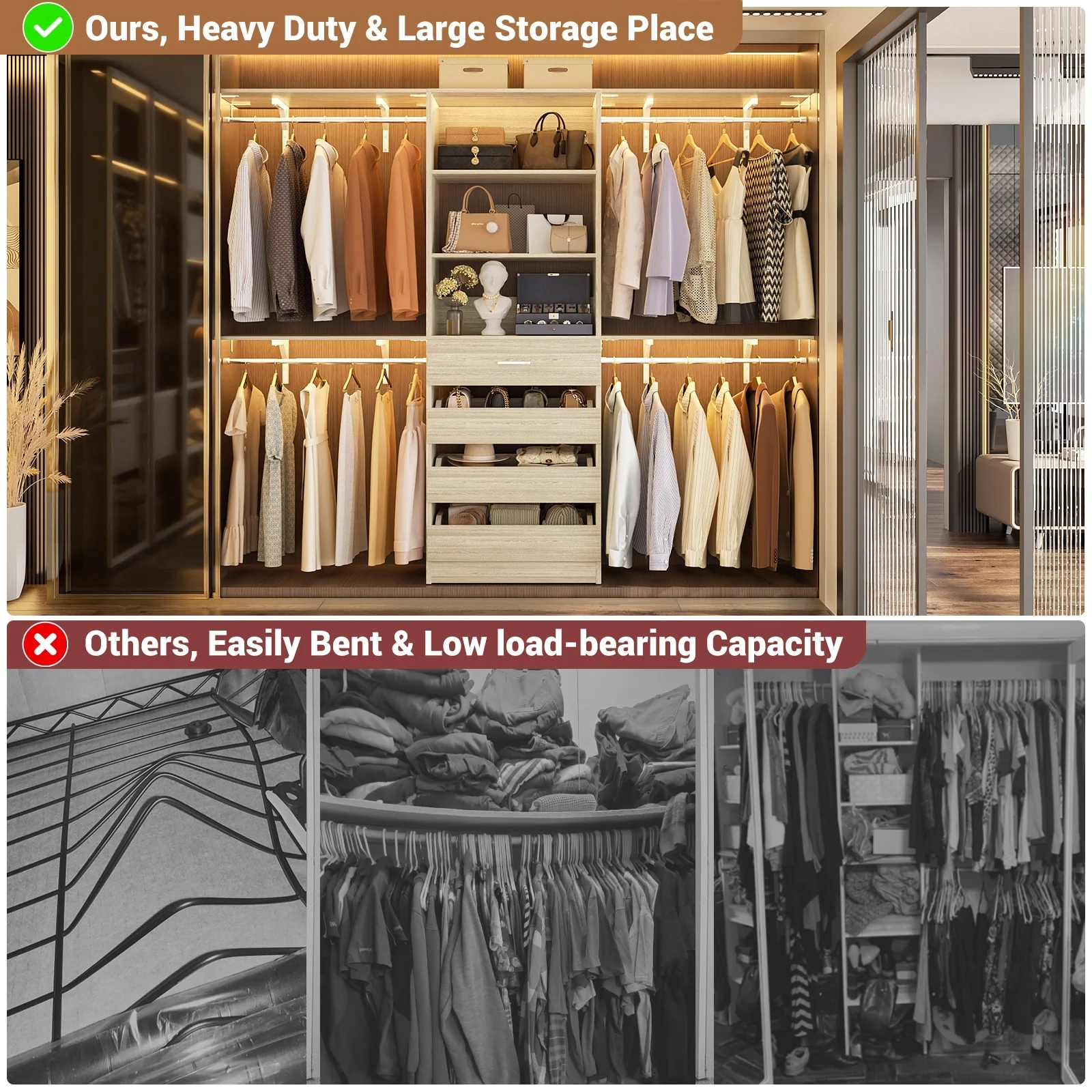 Rackcog 96'' Closet System with 4 Drawers and 4 Hanging Rods, 8FT Wood Closet Organizer for Walk-in Closet