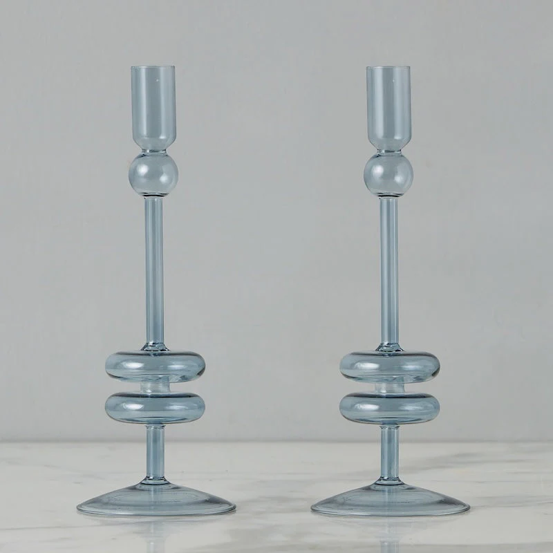 Denim Glass Candlestick, Pair