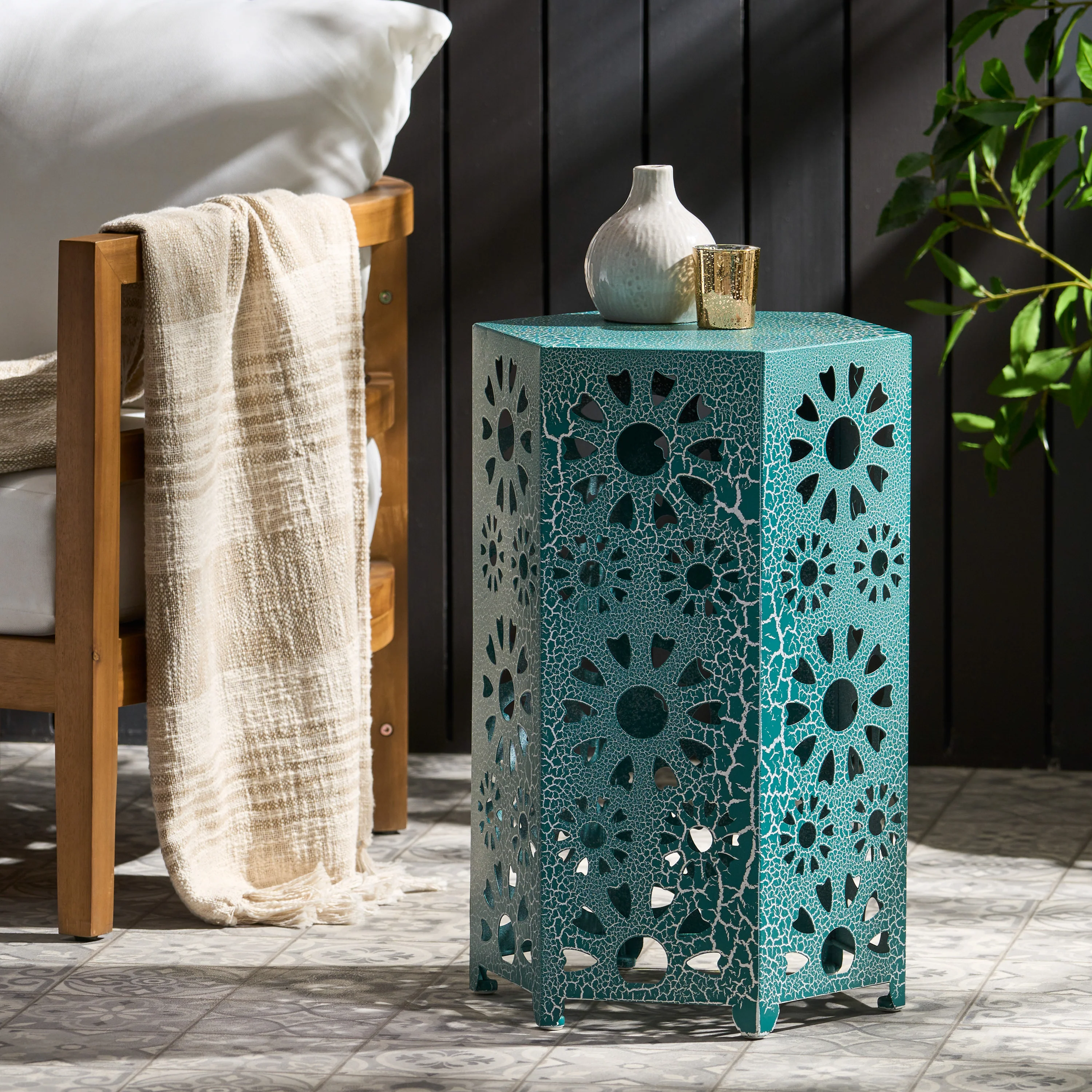 Enshrine Outdoor Iron Side Table with Sunburst Cut Out Design