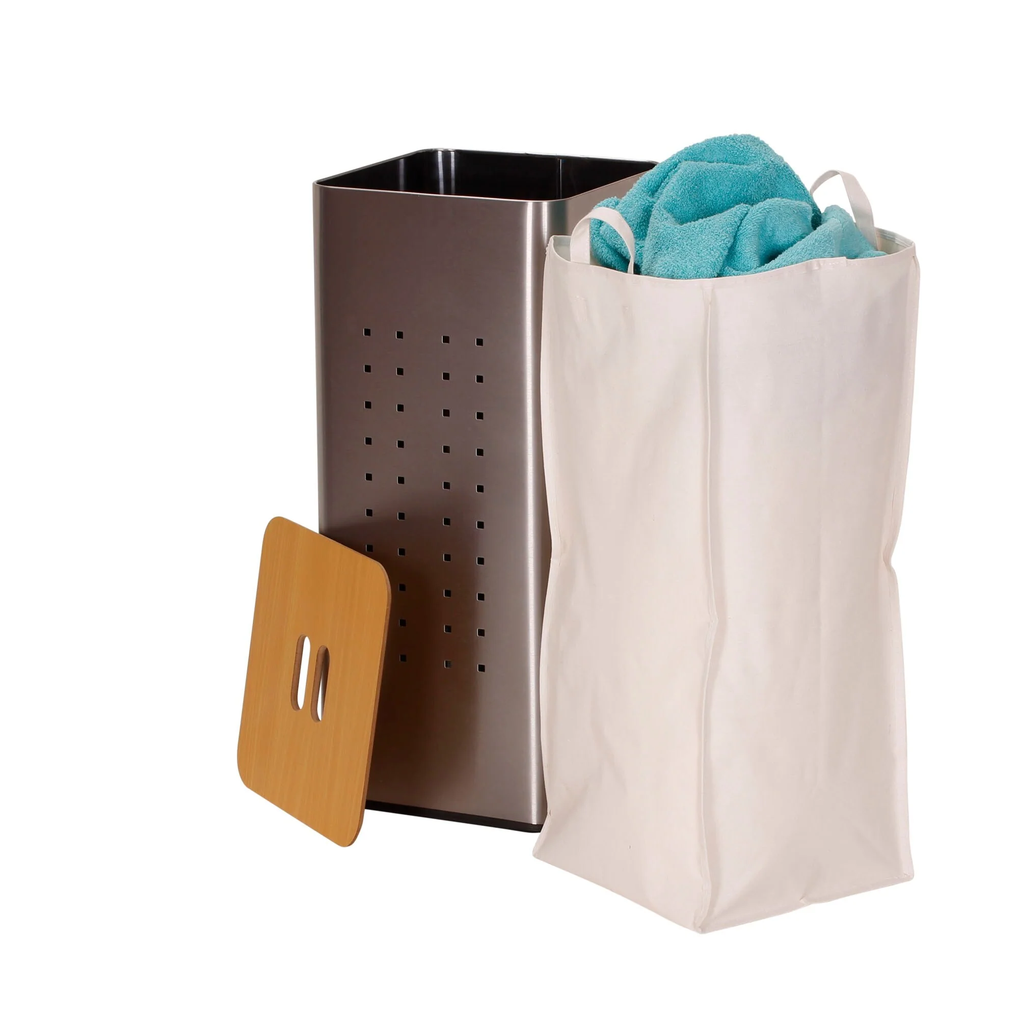Household Essentials Metal Hamper with Engineered Wooden Lid - 12.3