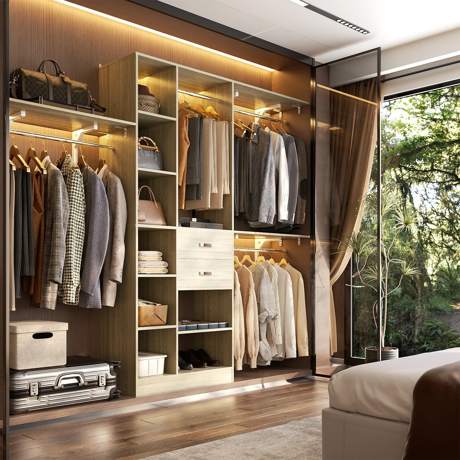 31.5'' to 96'' W Closet Organizer System with Drawers and Tower Shelves for Reach-in and Walk-in Closet