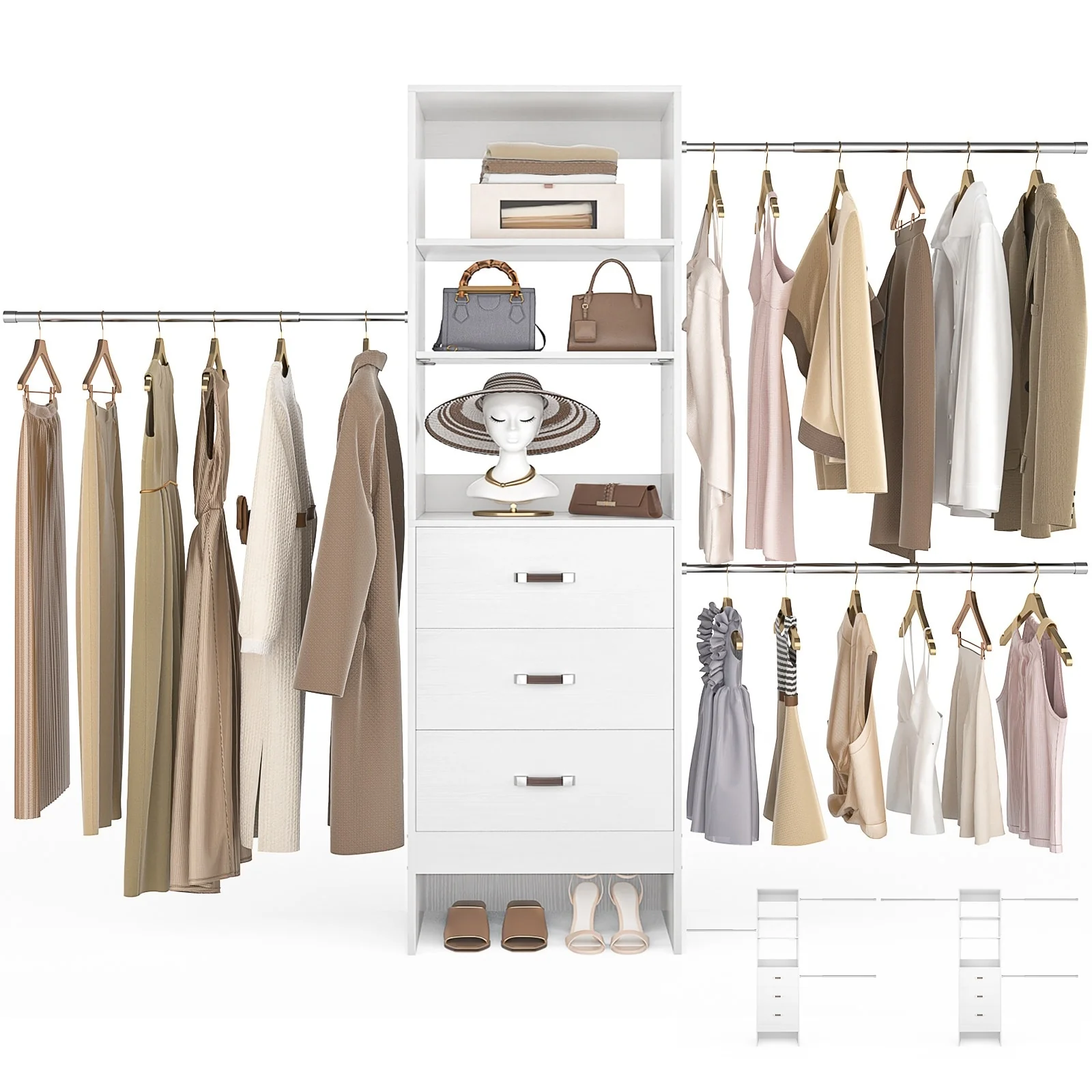 20.5-96'' W Closet Organizer System with Extendable Hanging Rods and Drawers and Tower Shelves