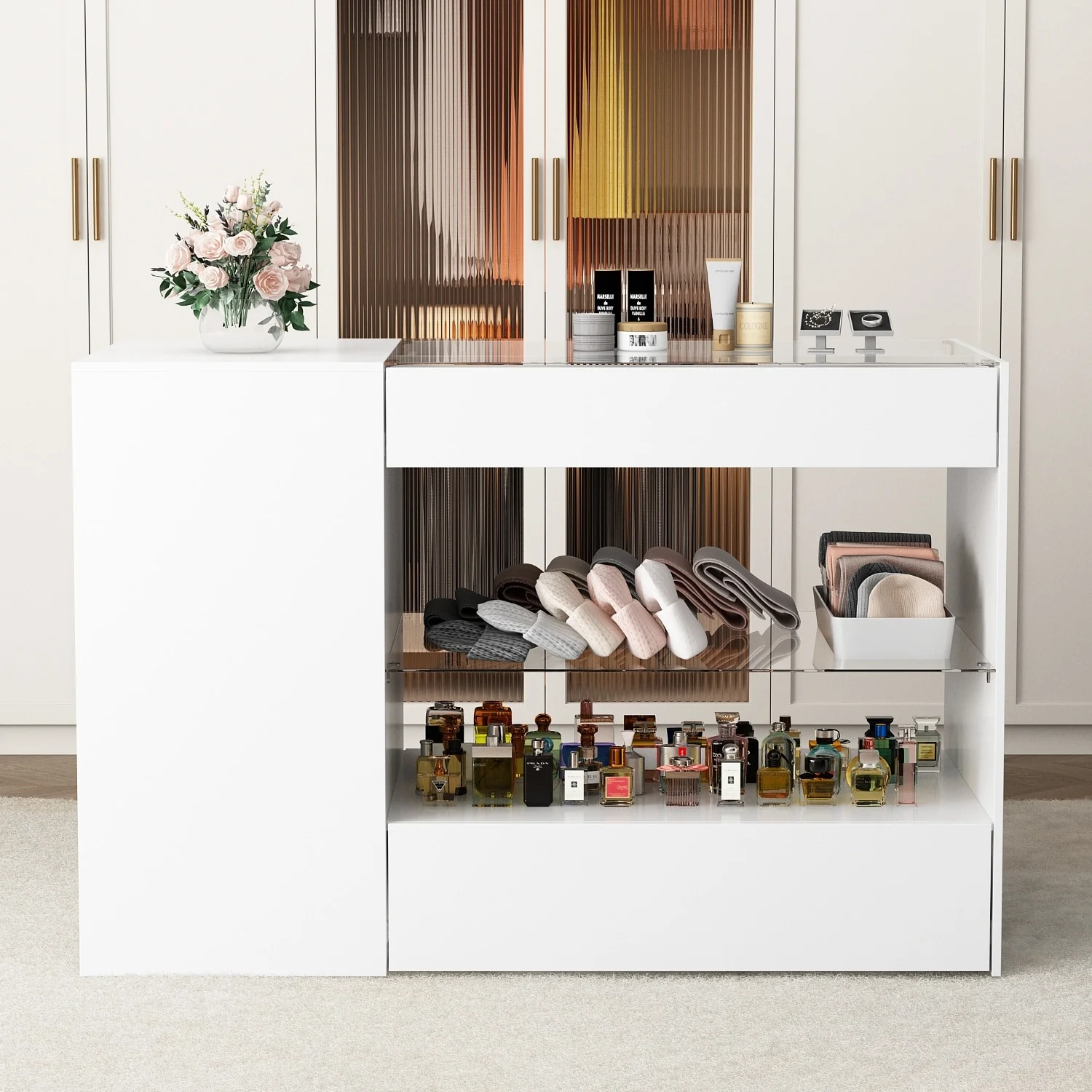 Dressing Island with Glass Shelves Spacious White Organizer Closet - 47.2