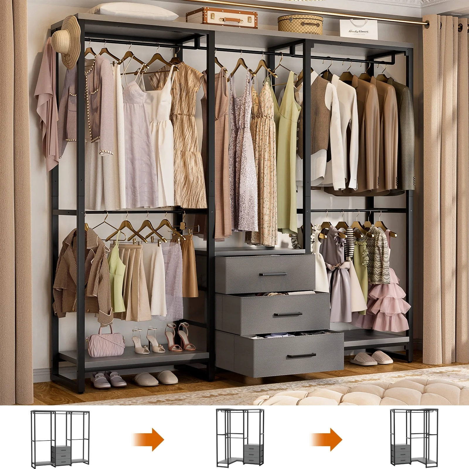 65.6'' Heavy-duty Garment Rack, Freestanding Closet Organizer with Fabric Drawers and 5 hanging Rods