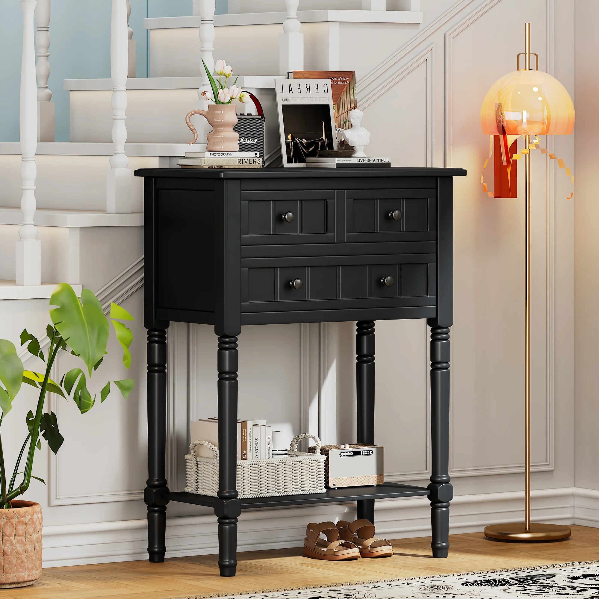 Conquest Narrow Console Table with 3 Drawers and Bottom Shelf