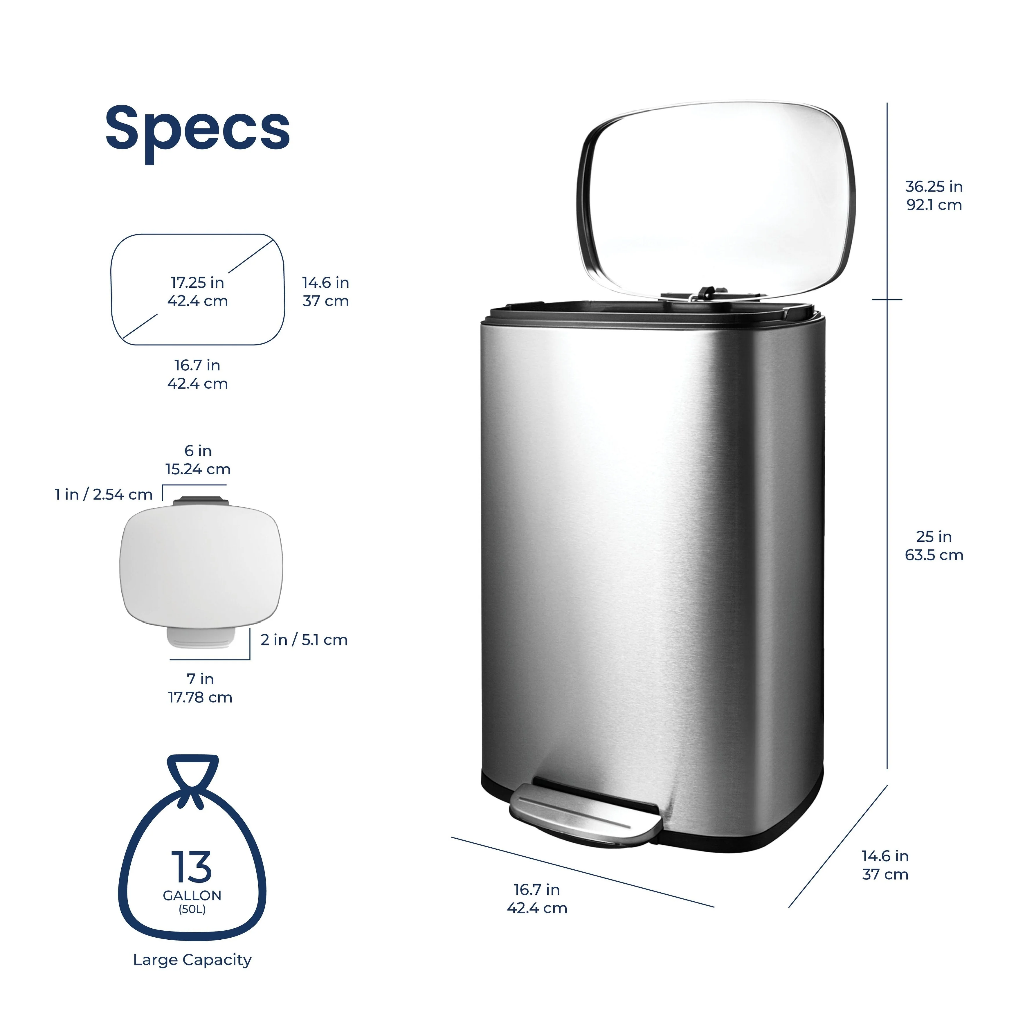 NINESTARS 13.2 Gallon Rectangular Step-On Trash Can