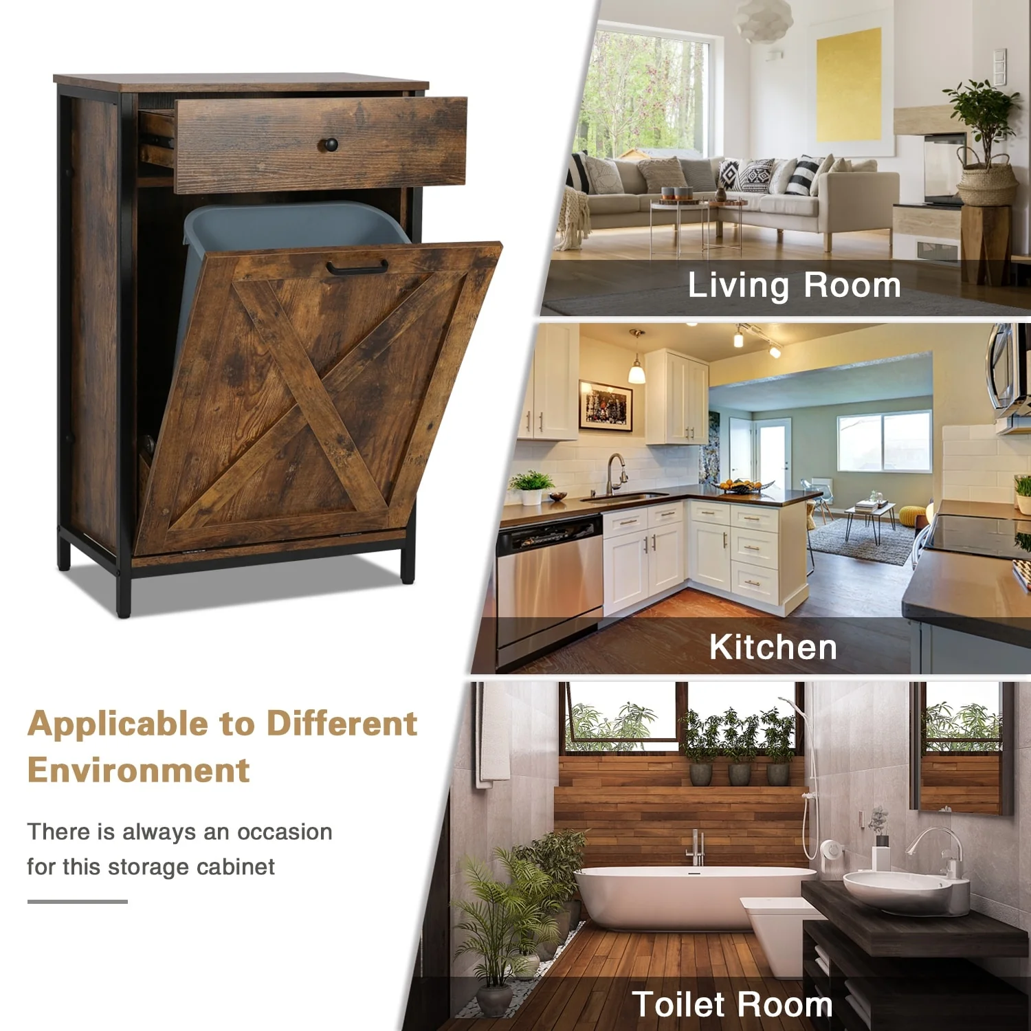 10 Gallon Tilt Out Kitchen Trash Cabinet Trash Can Wooden Tilts Out Hands Laundry Recycling Holder Brown