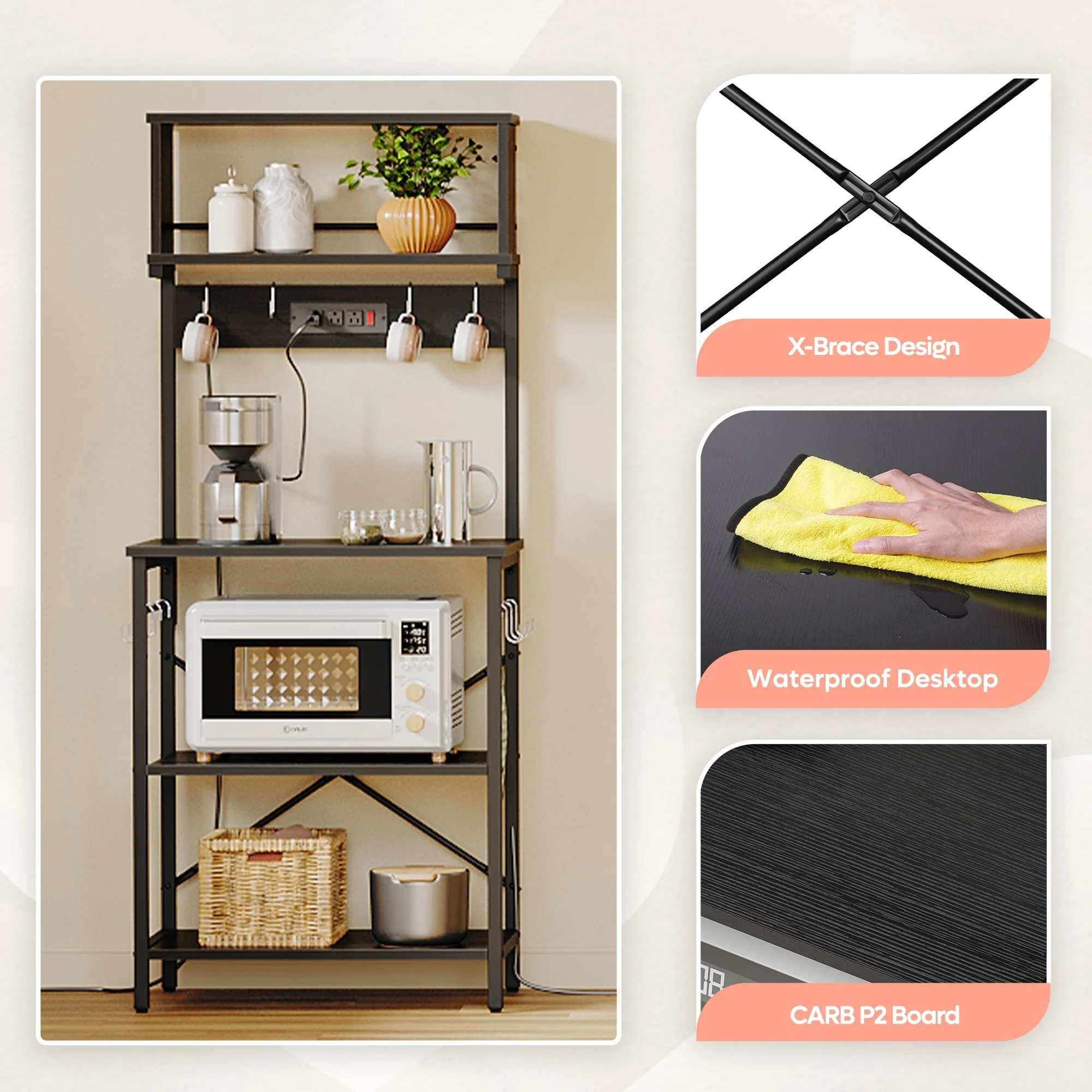 60 Inch Kitchen Baker's Rack with Hutch 8 Side Hooks