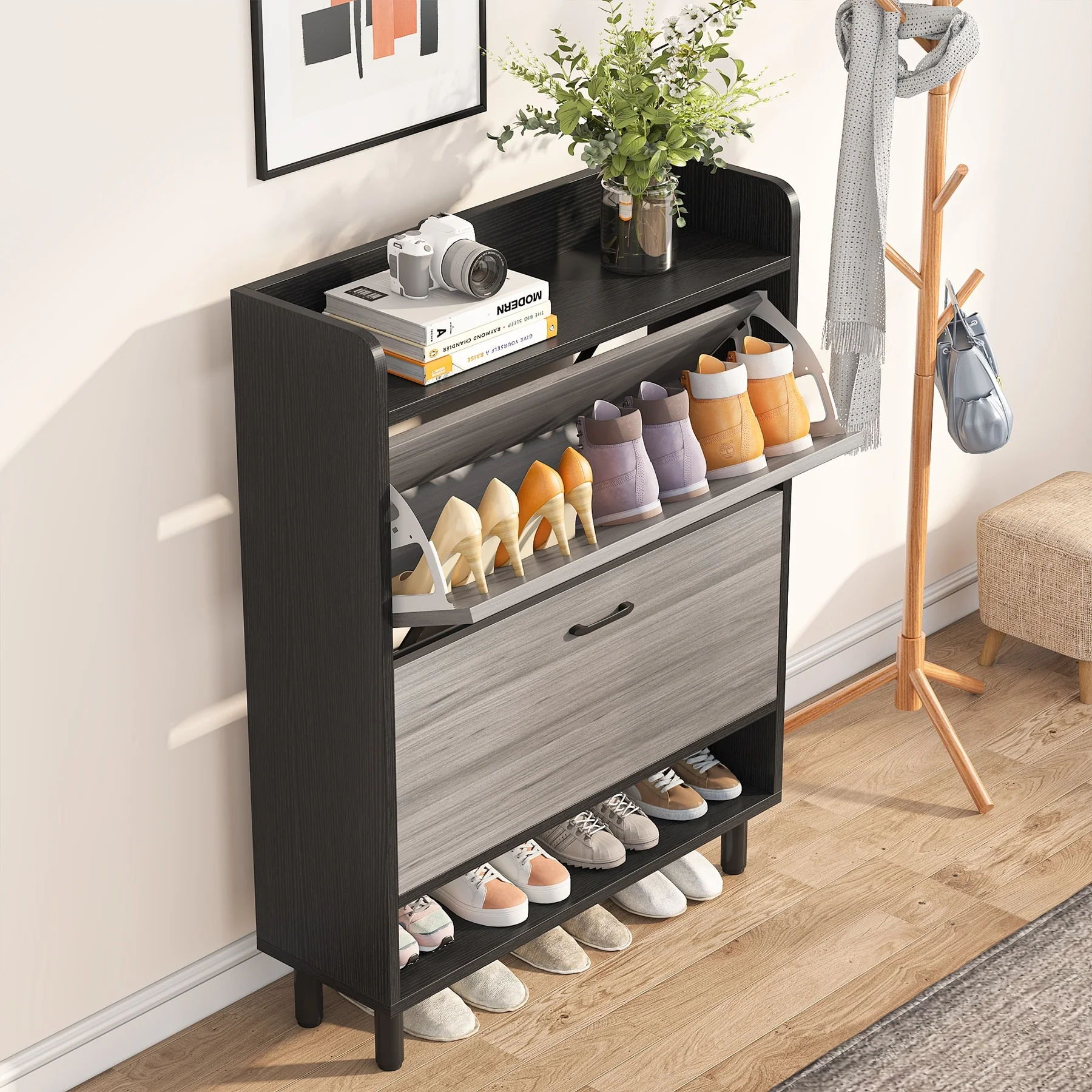 24 Pairs Shoe Storage Cabinet Rack with 2 Flip Drawers - 2-Tier