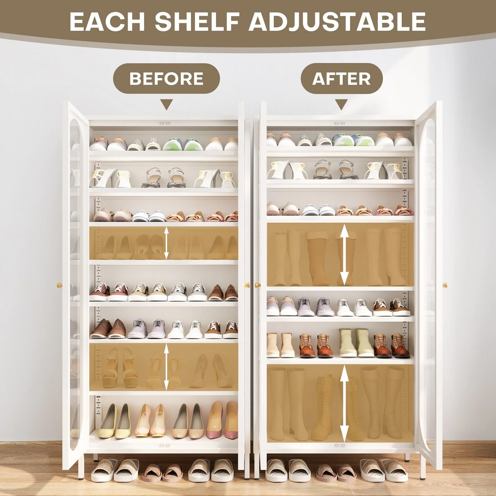 9-Tier Shoe Storage Cabinet with Glass Doors & Adjustable Shelves - 67