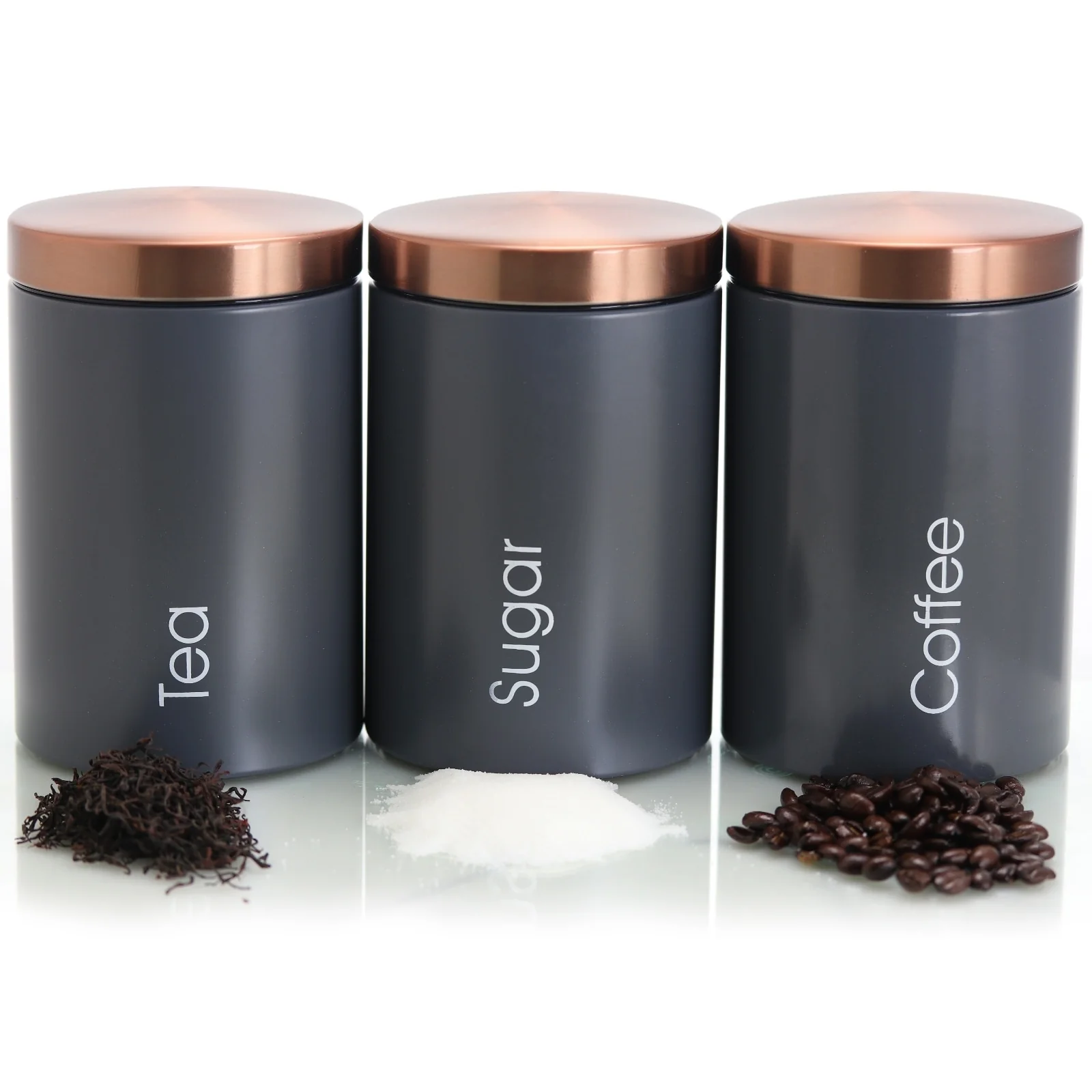 Modern Home Sugar, Coffee and Tea Can Storage Set with Lids in Charcoal Gray