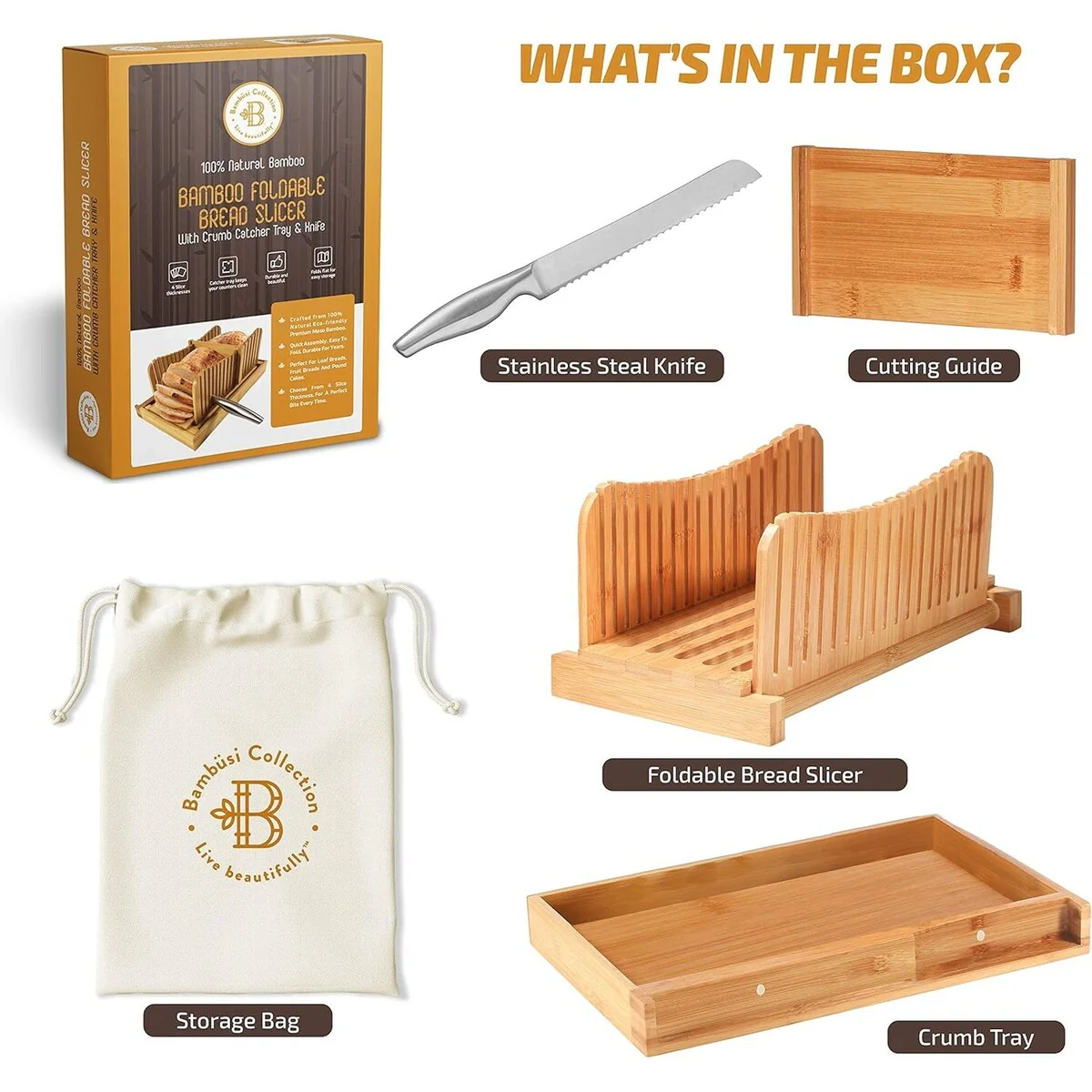 Bamboo Bread Slicer with Knife - 3 Slice Thickness, Foldable Compact Cutting Guide with Crumb Tray