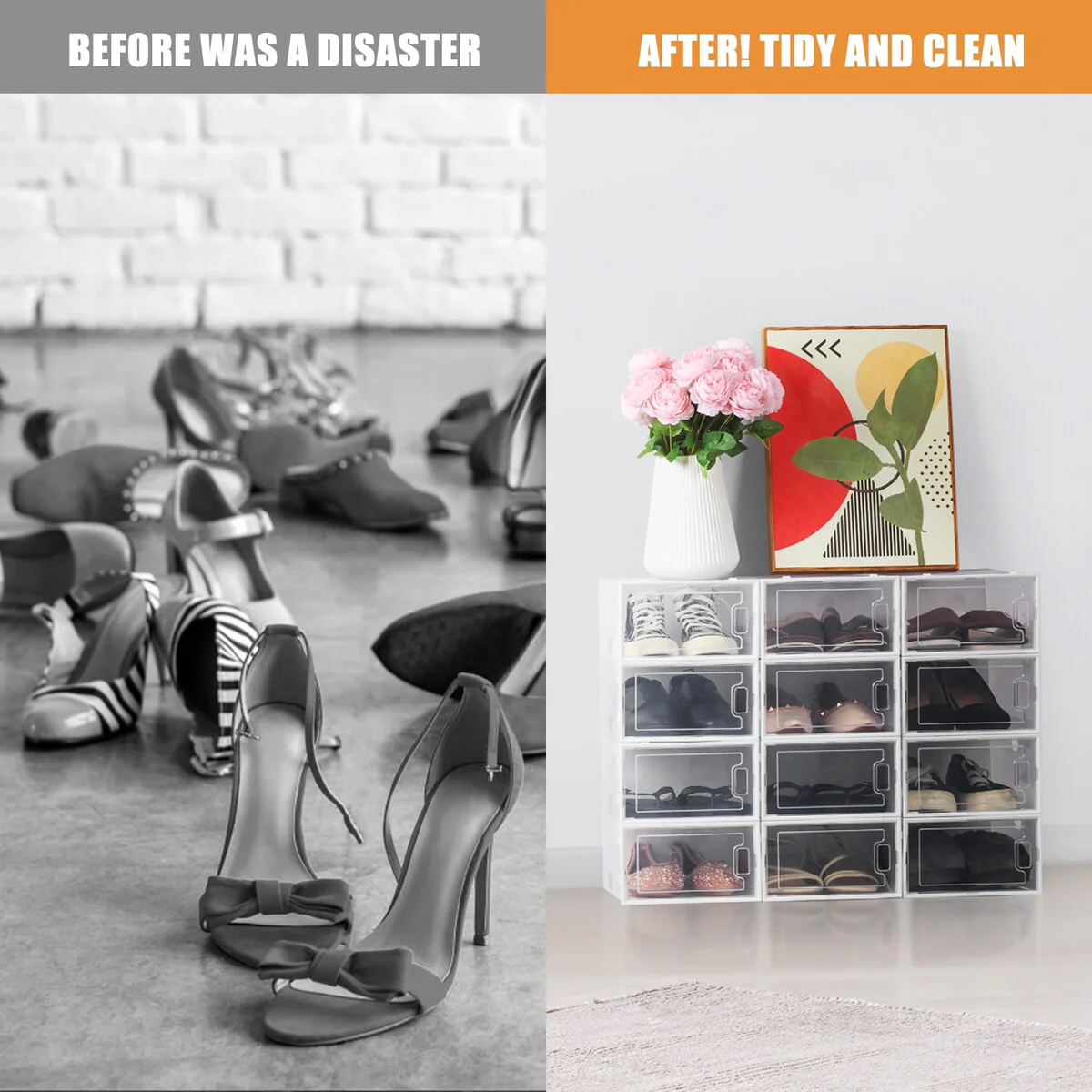 12 Pack Clear Foldable Shoe Box for Men, Women and Kids