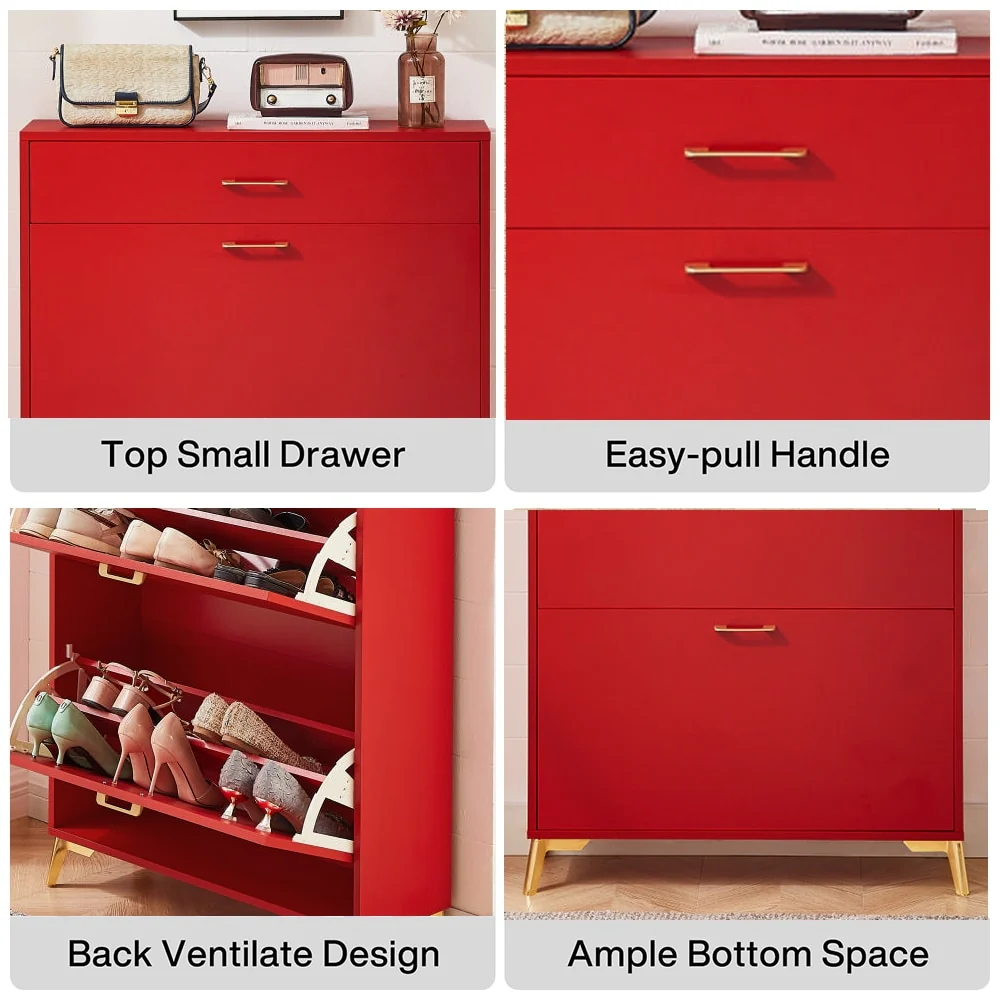 Freestanding Shoe Cabinet for Entryway, with 2 Flip Doors and Drawer - 32'W x 10''D x 43''H