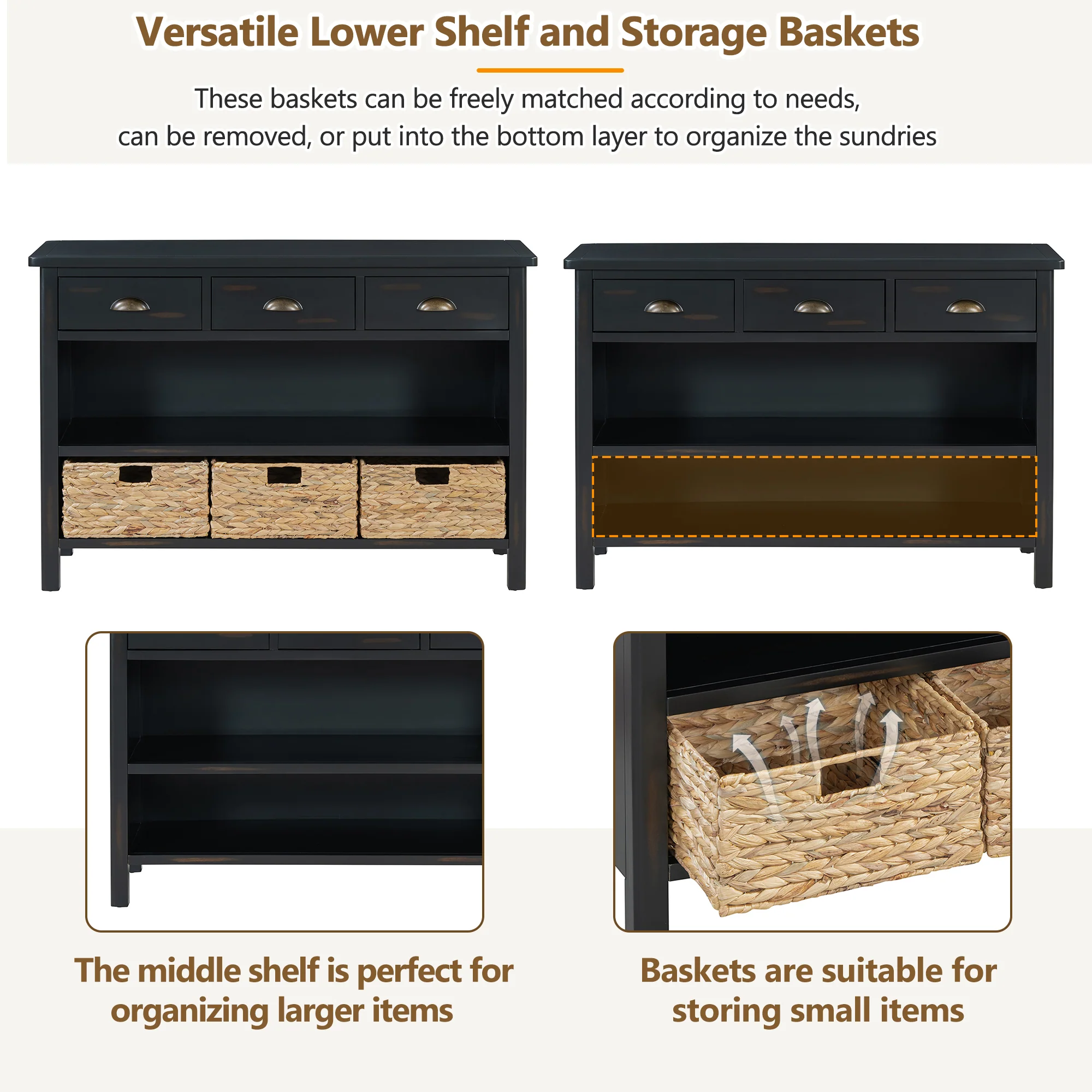 Coronate Console Table with Drawers and Water Hyacinth Woven Baskets