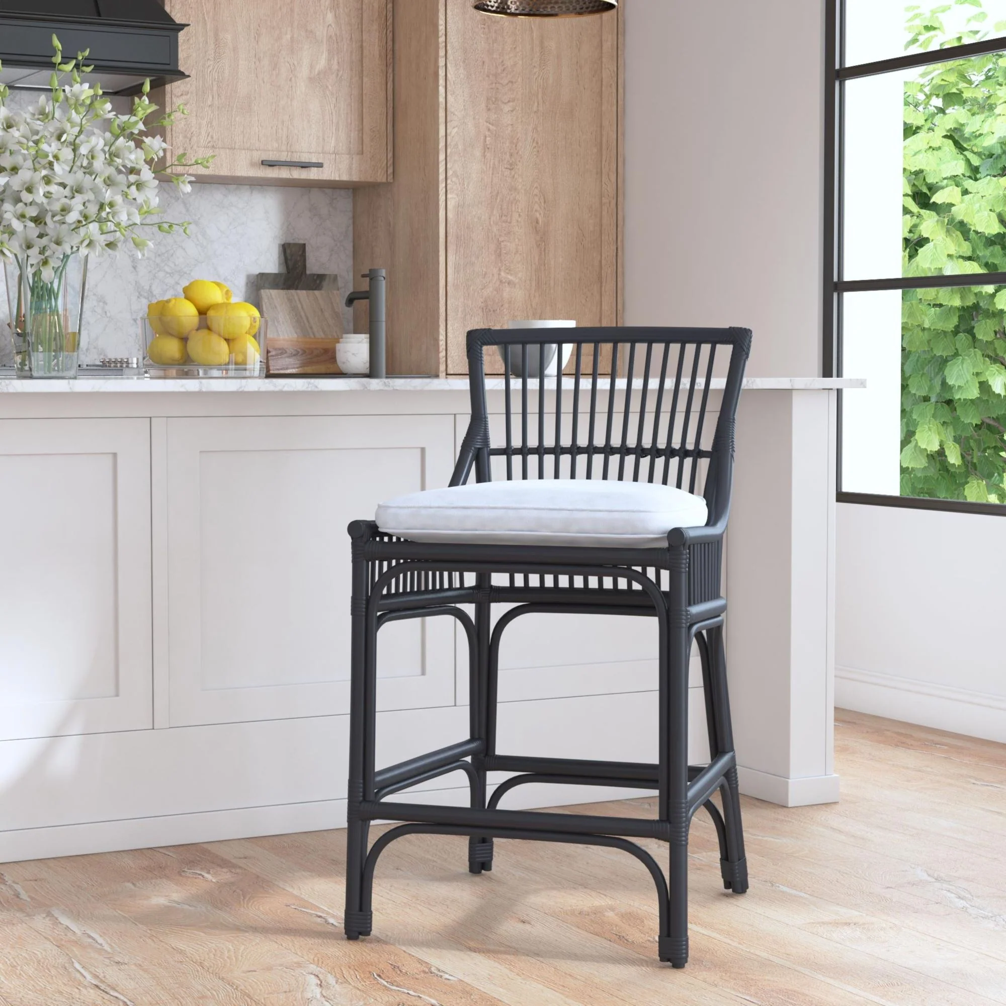 Rattan Slat Back Counter Stool Black