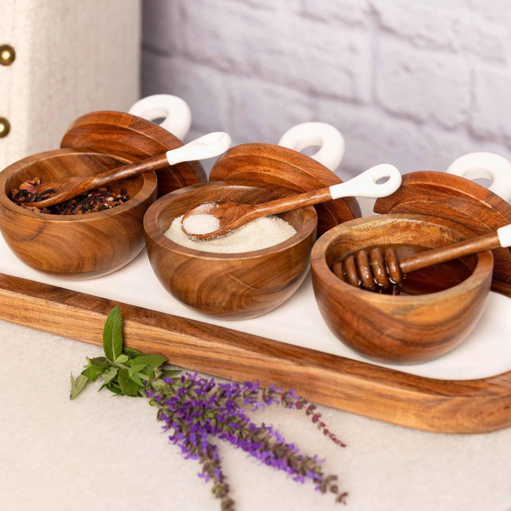 Jeanne Fitz Wood + White Collection Acacia Wood 3 Dipping Bowls with Charcuterie Utensils