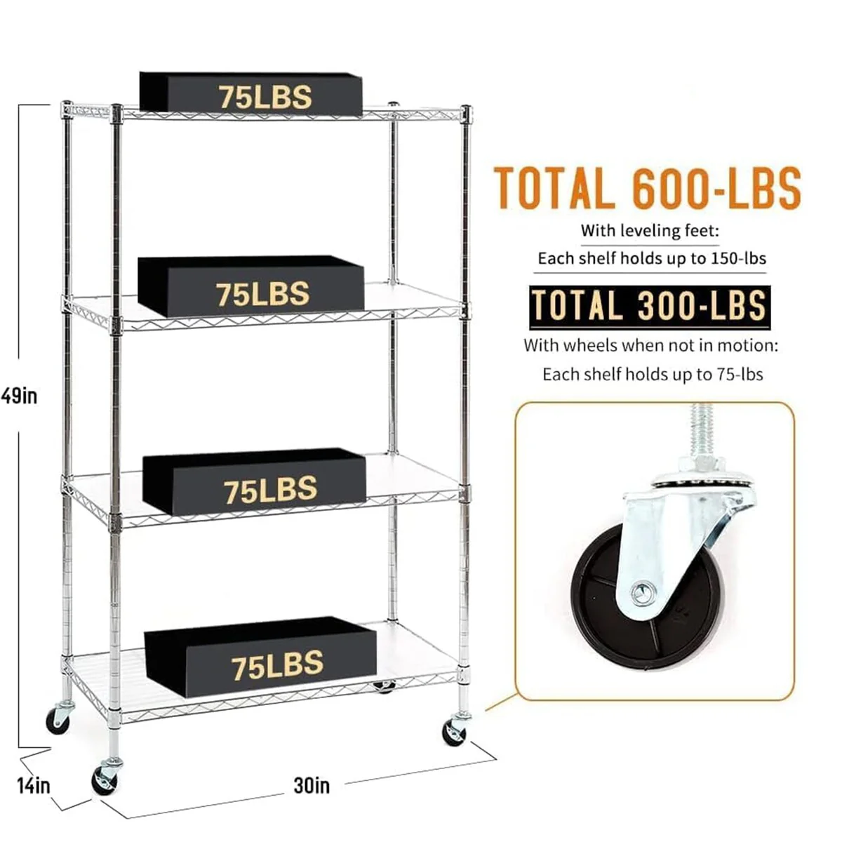 Chrome 4/5-Tier Steel Shelving with Wheels & Liners Heavy-Duty Storage