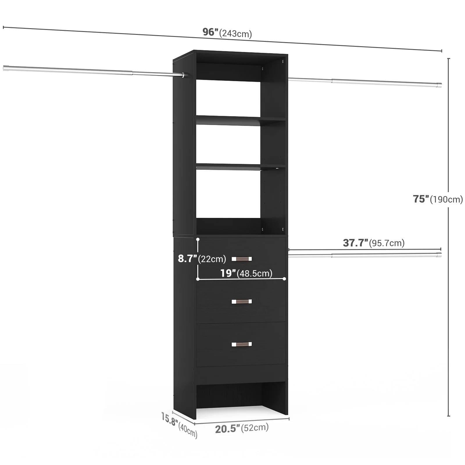 20.5-96'' W Closet Organizer System with Extendable Hanging Rods and Drawers and Tower Shelves