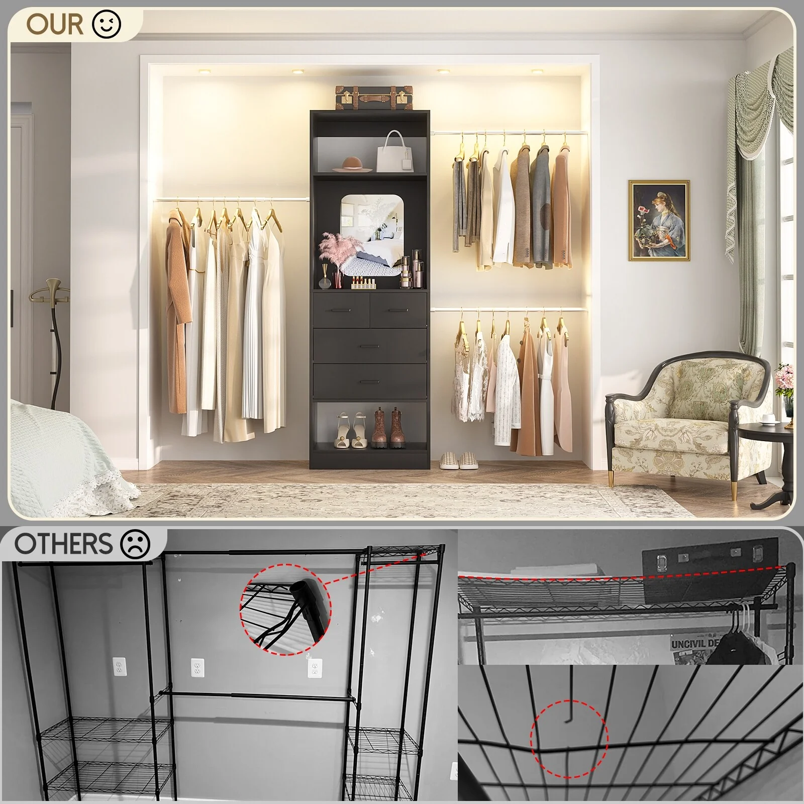 96'' W Closet System with Mirror, 8FT Walk-in Closet Organizer Kits with 4 Wooden Drawers ＆ 3 Extendable Hanging Rods