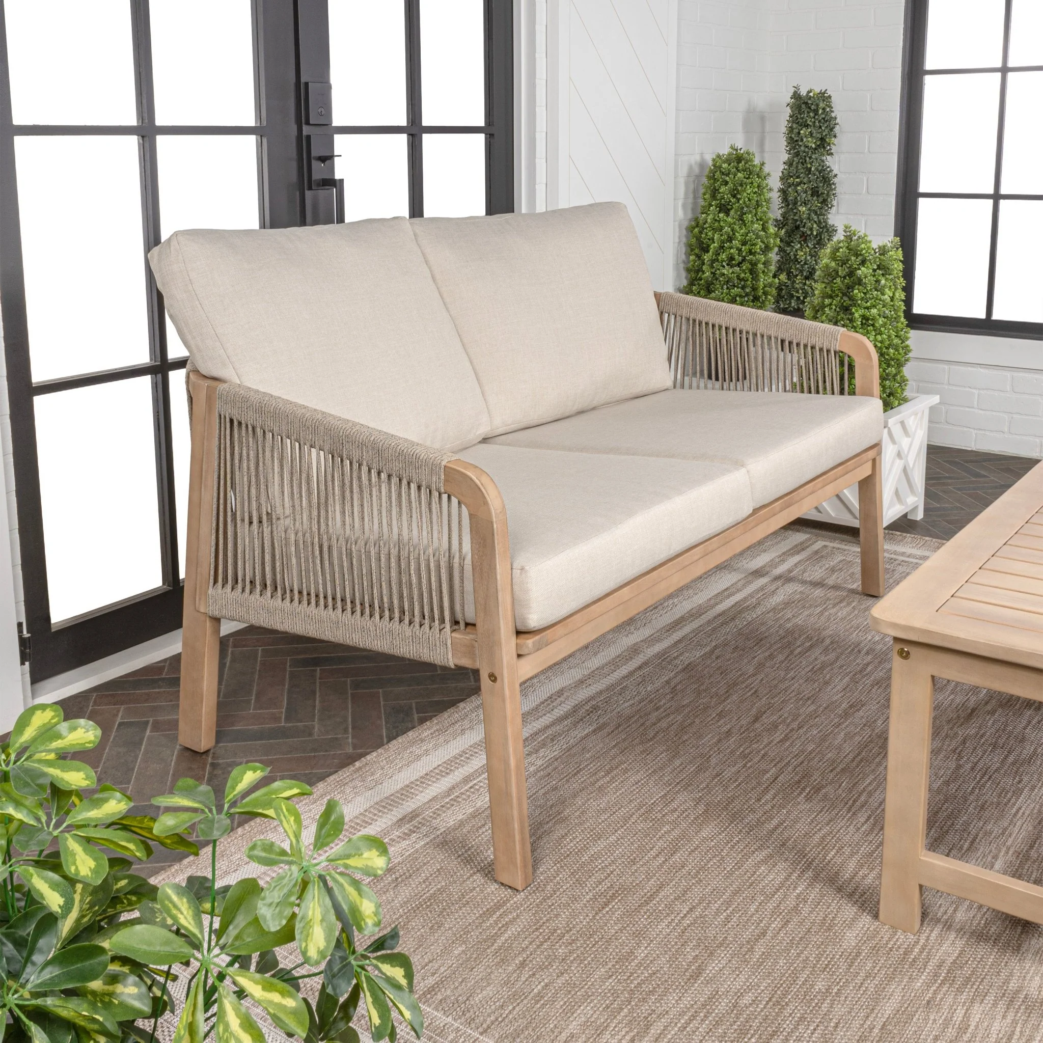 Arwen Modern Bohemian Roped Acacia Wood Outdoor Loveseat with Cushions, Beige/Light Teak