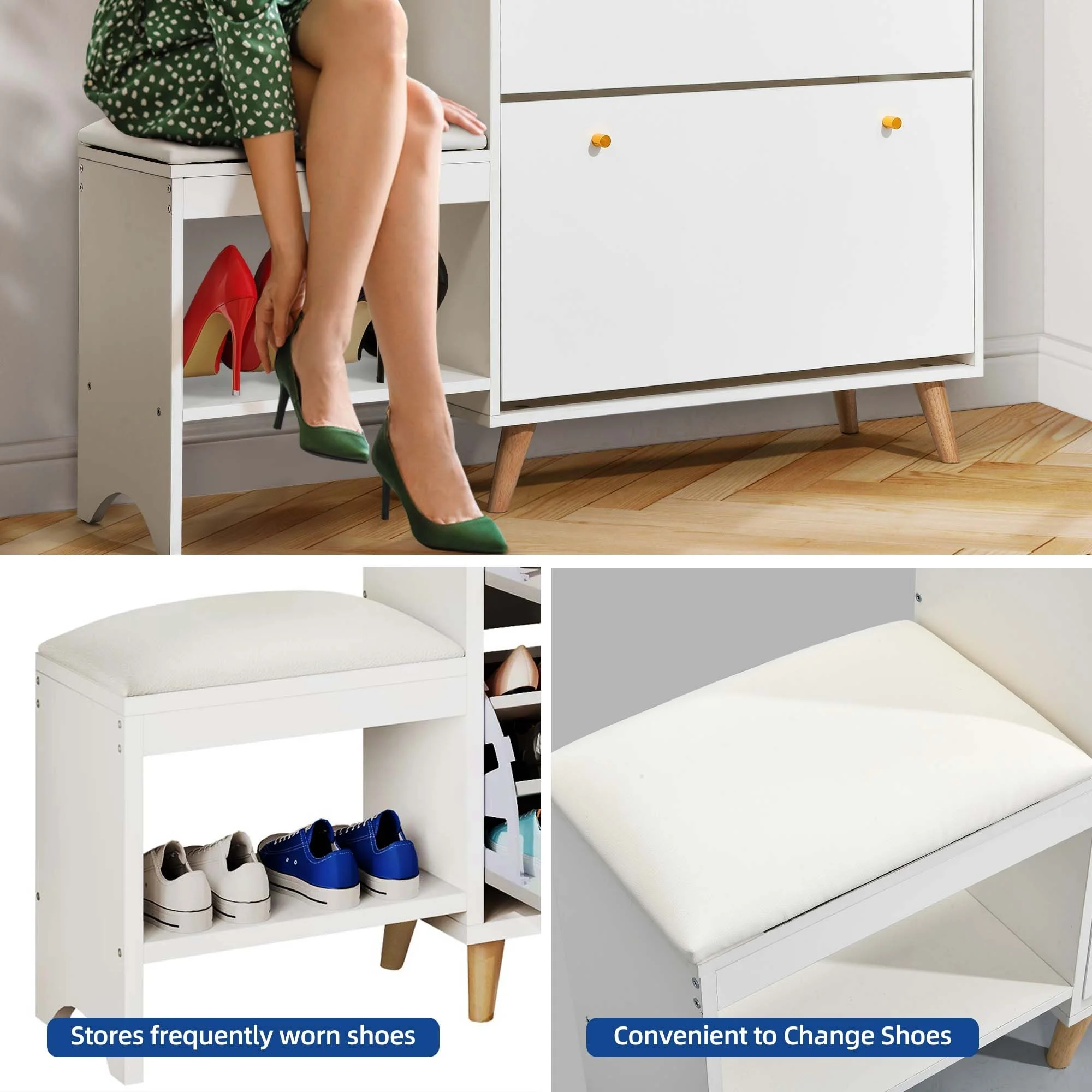 Moasis 36 Pair Shoe Storage Cabinet with 3 Flip Drawers and Shoe Bench
