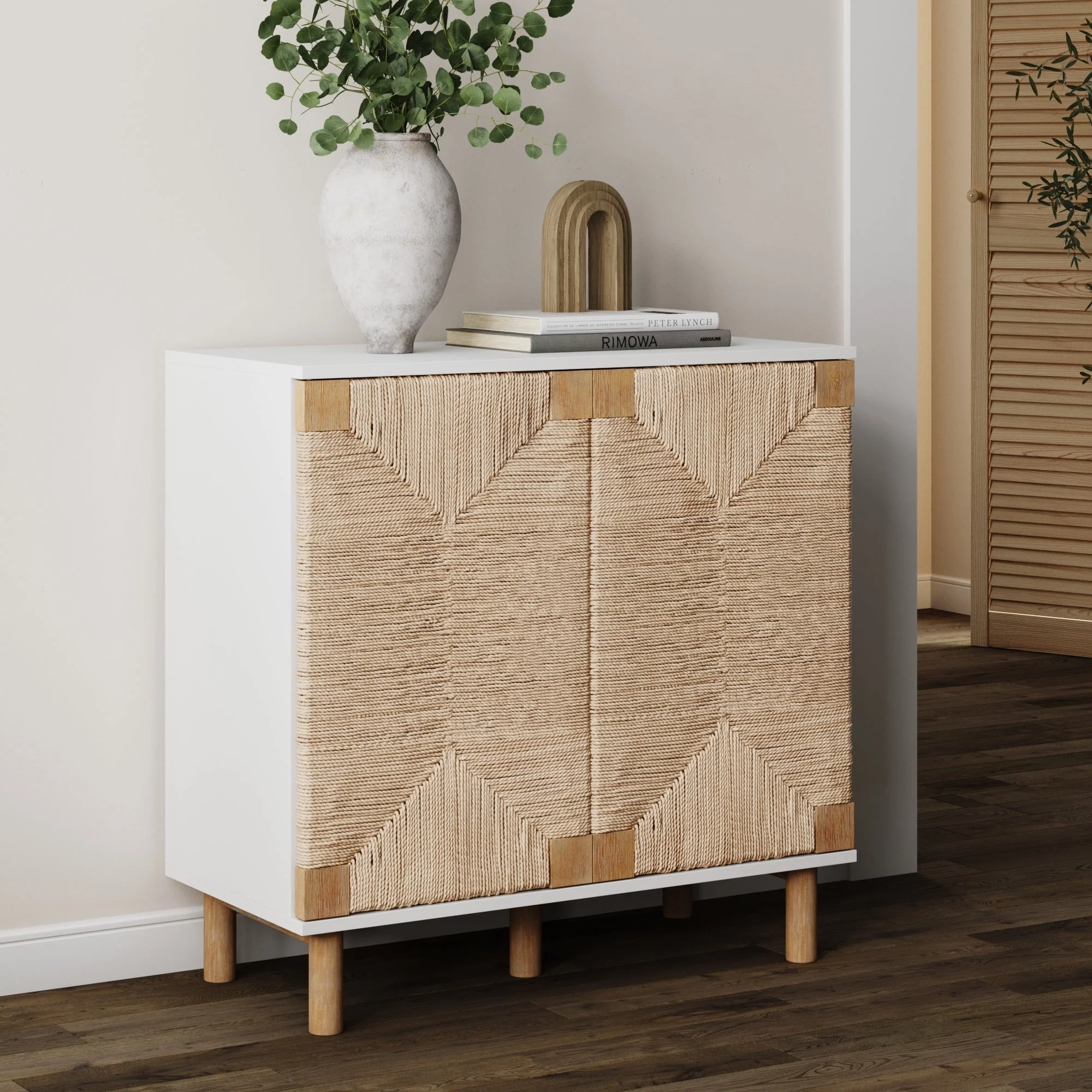 Nathan James Beacon Wood Accent Cabinet with Seagrass Doors and Adjustable Shelf