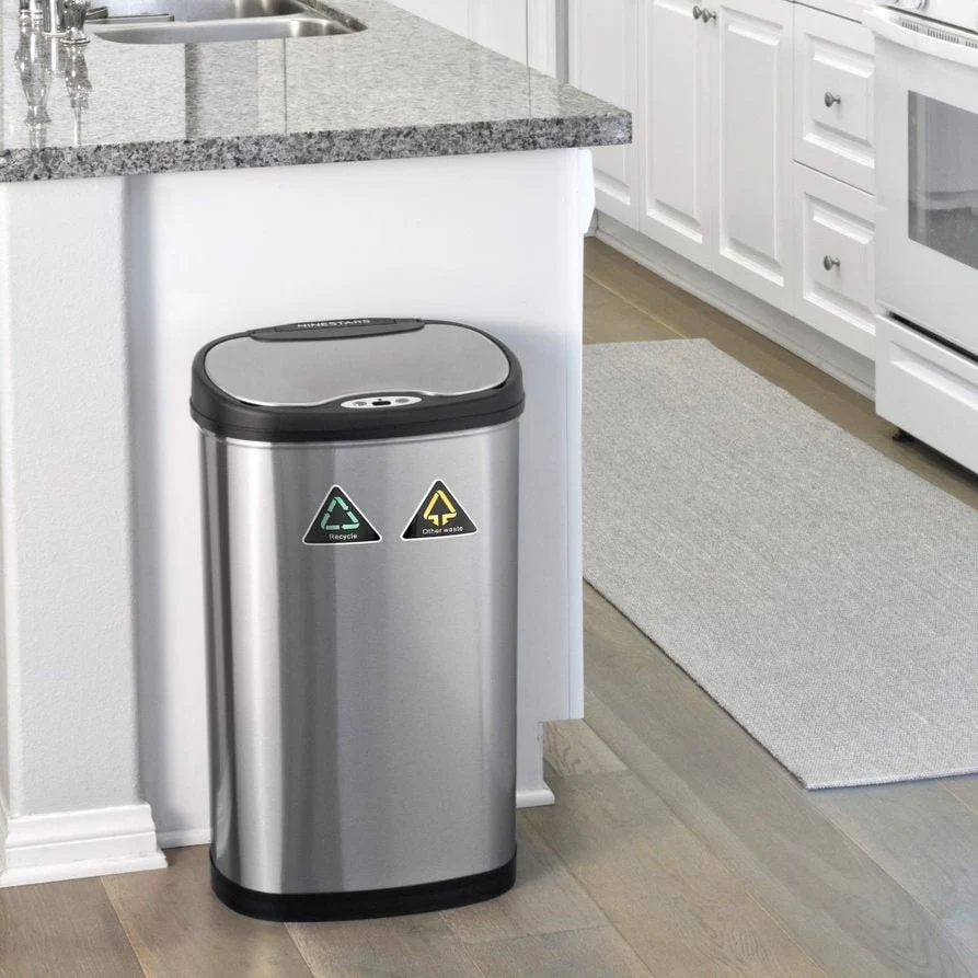 NINESTARS Stainless Steel Dual Compartment Motion Sensor Trash Can 13.2 Gallon DZT-50-13R