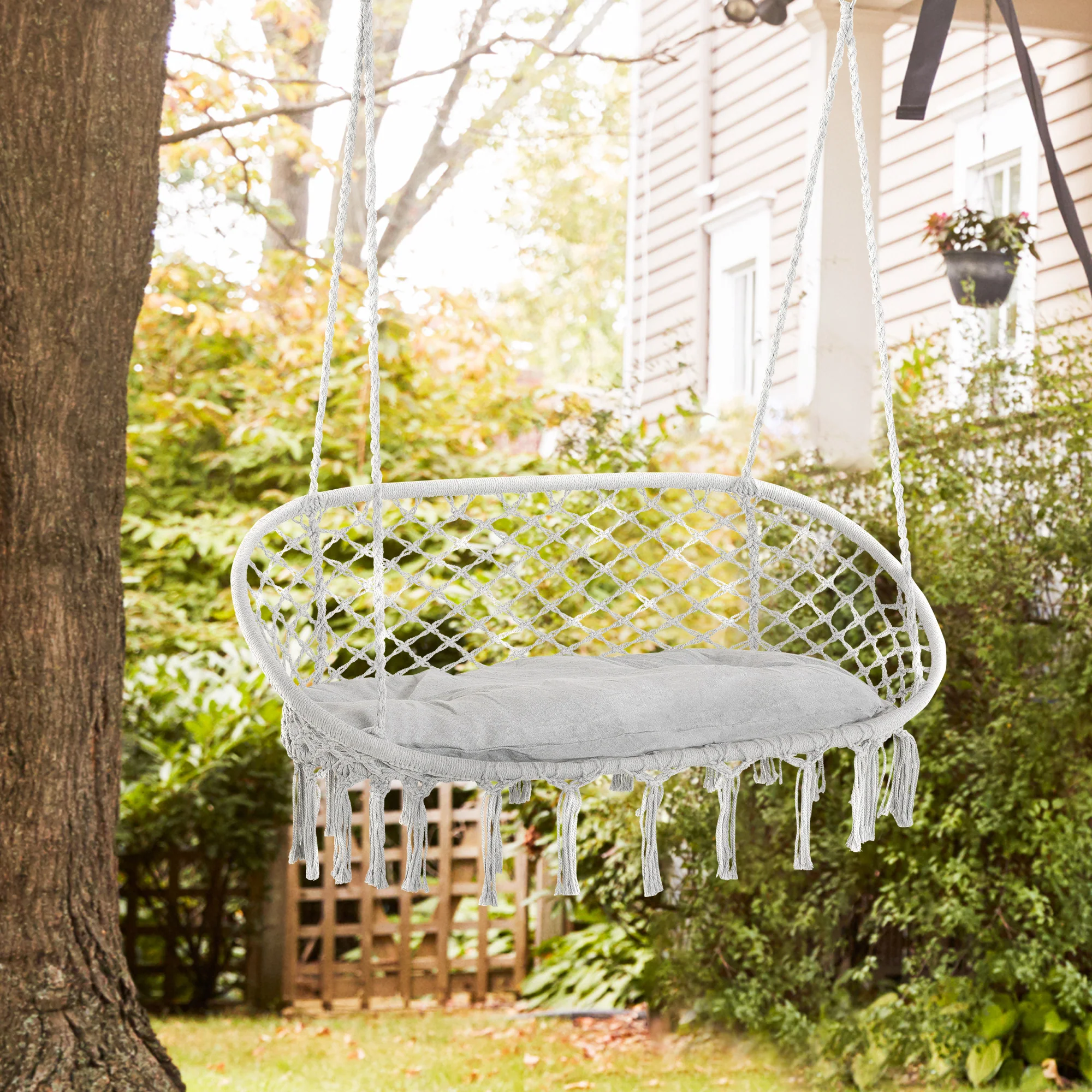 Visioned Outdoor Hanging Hammock Swing Chair with Macrame Design and Soft Cushion