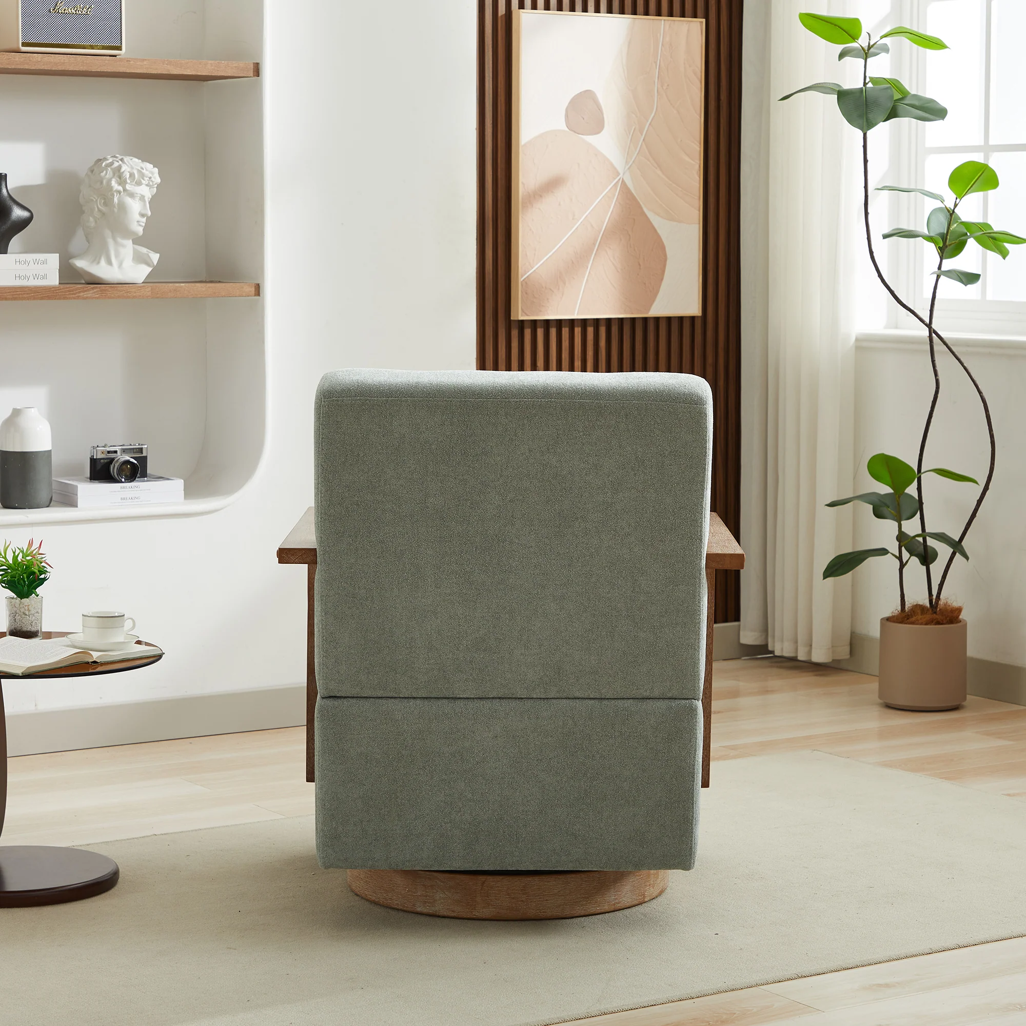 Upholstered Swivel Chair with Open Arms Design and Wood Base