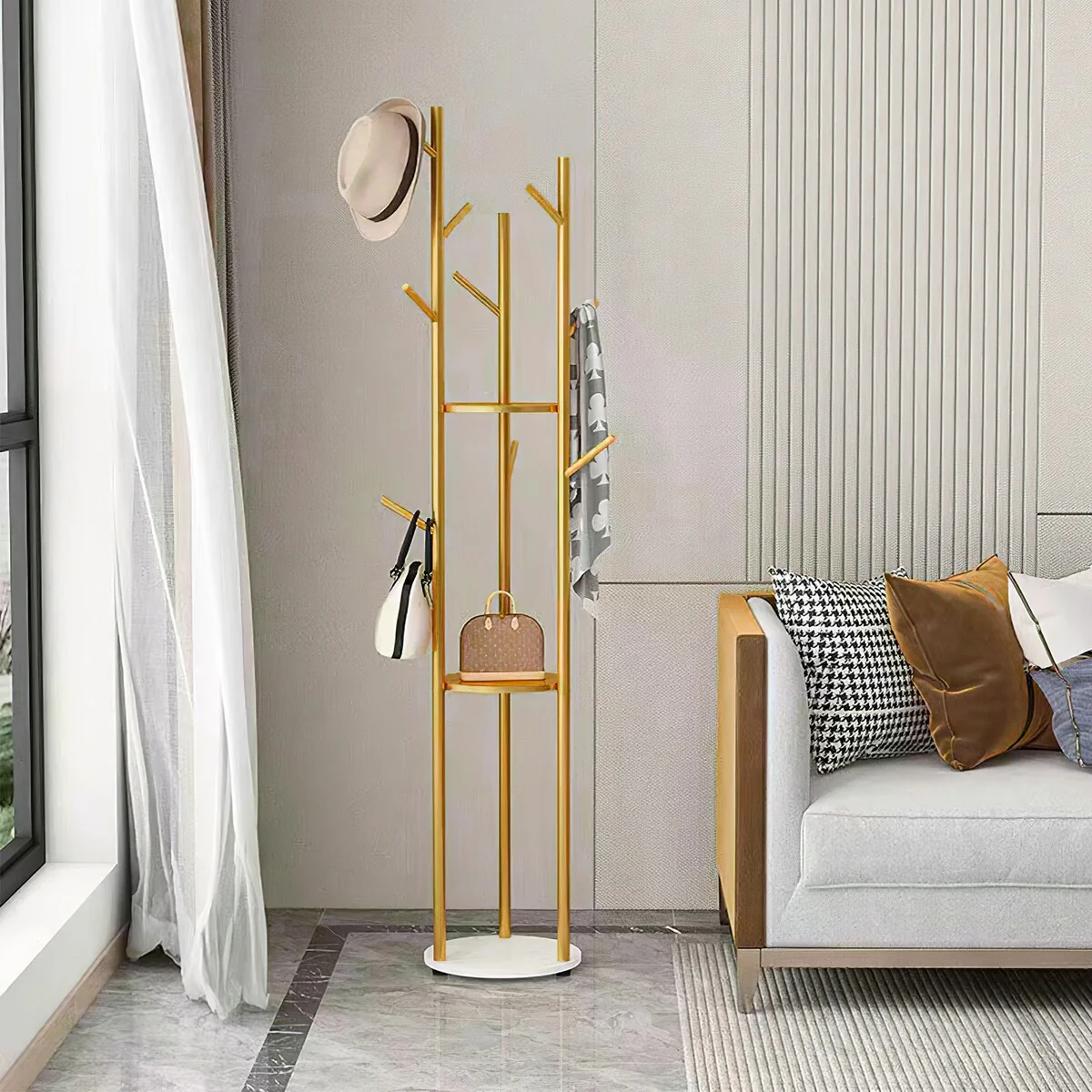 Marble Base Freestanding Clothes Hanging Rack Stand with Storage Shelf