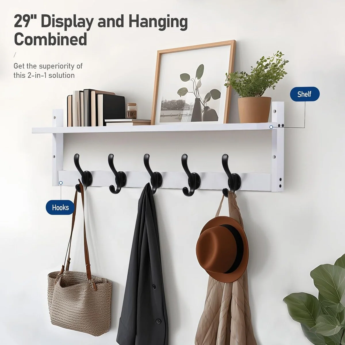 29'' Coat Rack Wall Mount with Shelf, Wood Wall Hooks with Storage