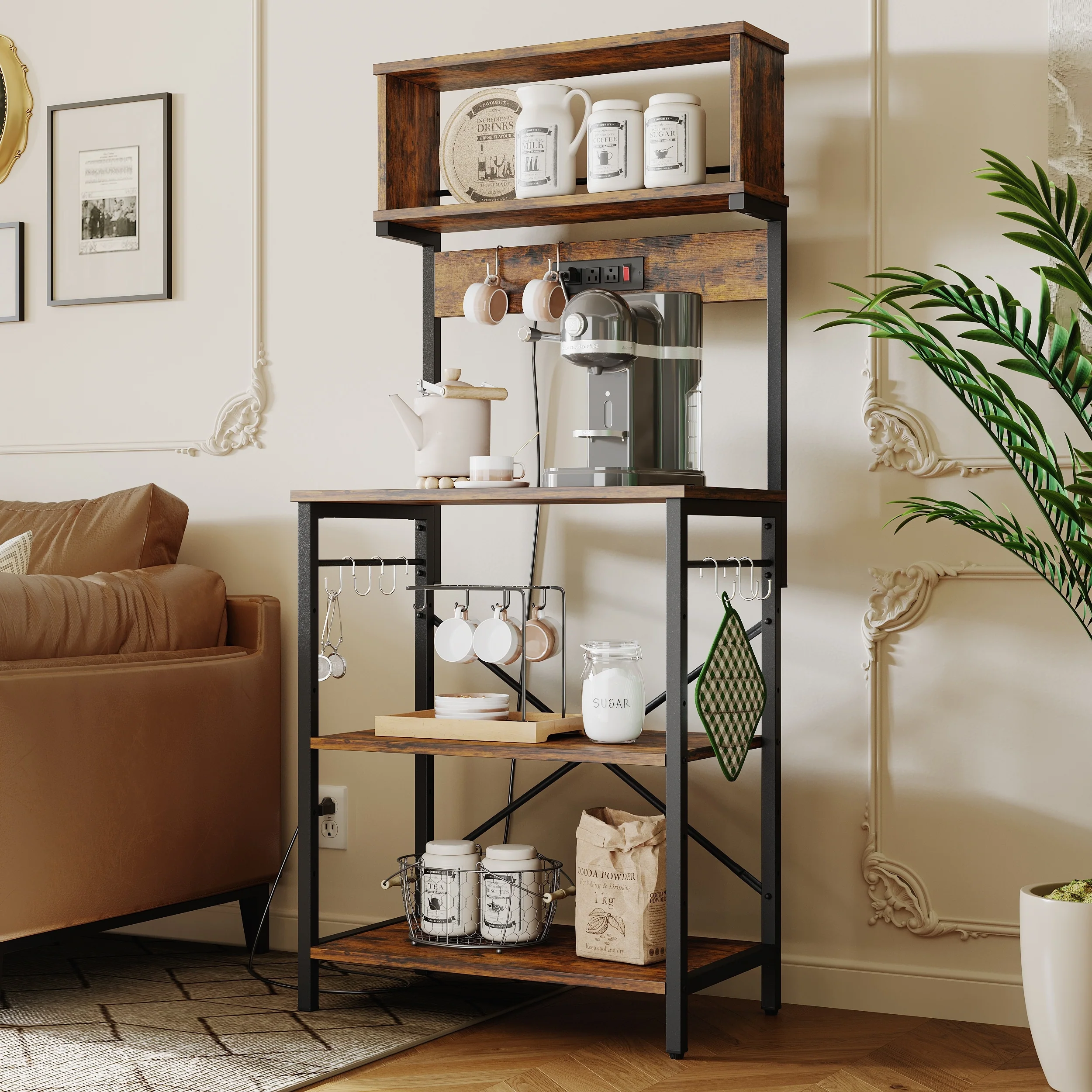 60 Inch Kitchen Baker's Rack with Hutch 8 Side Hooks