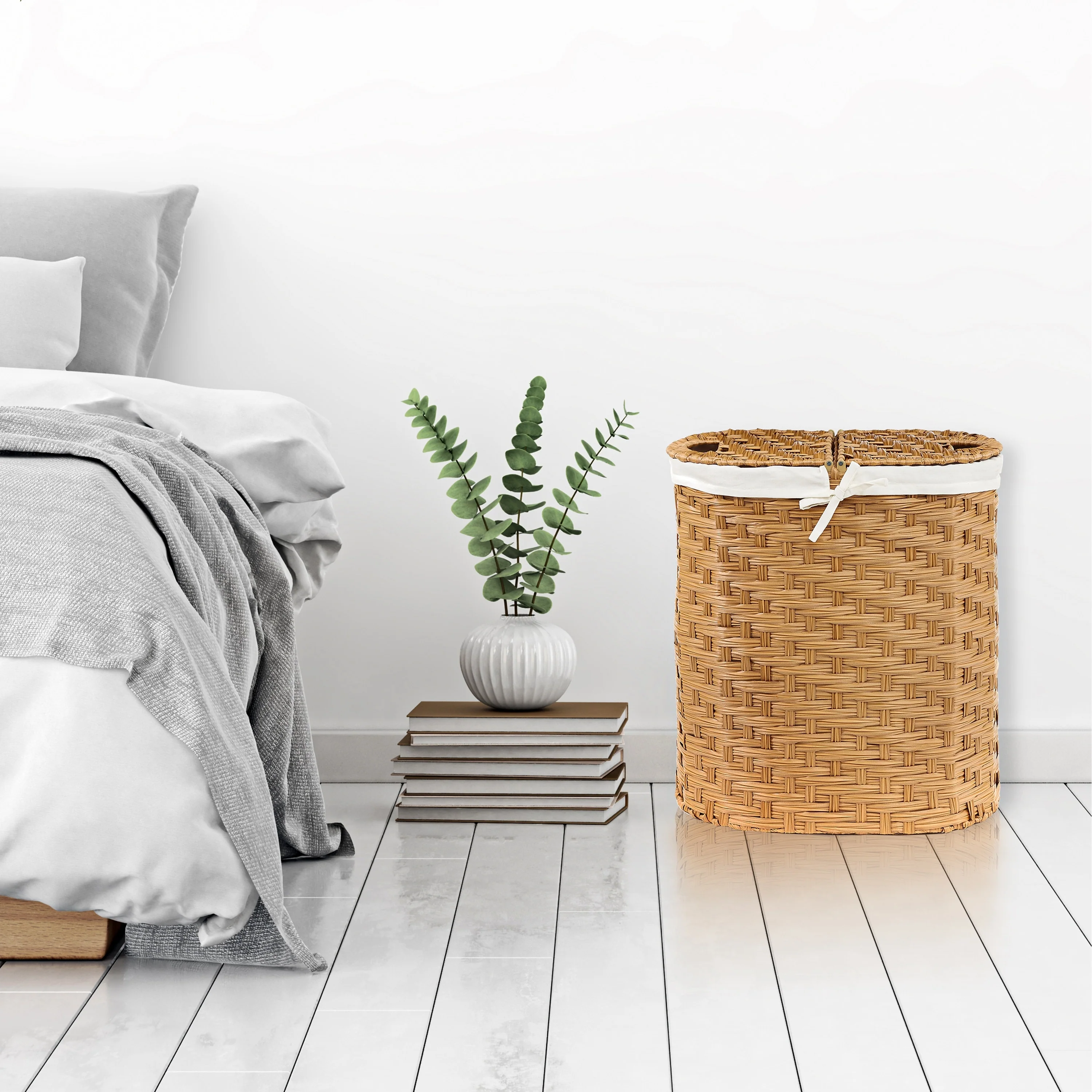 Seville Classics Handwoven Lidded Oval Double Laundry Hamper