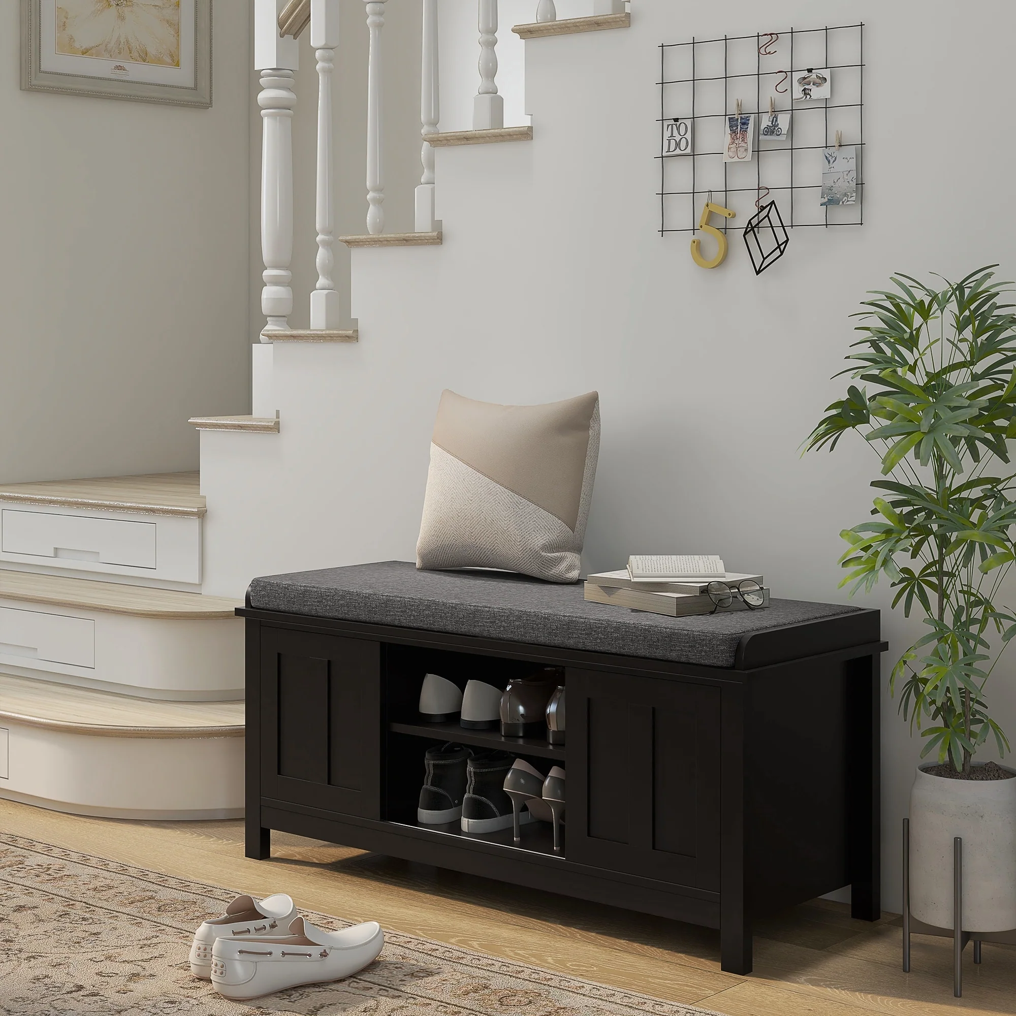 HOMCOM Entryway Shoe Bench Storage Ottoman with Adjustable Shelving, 6 Compartments, and Padded Seat, White/Grey